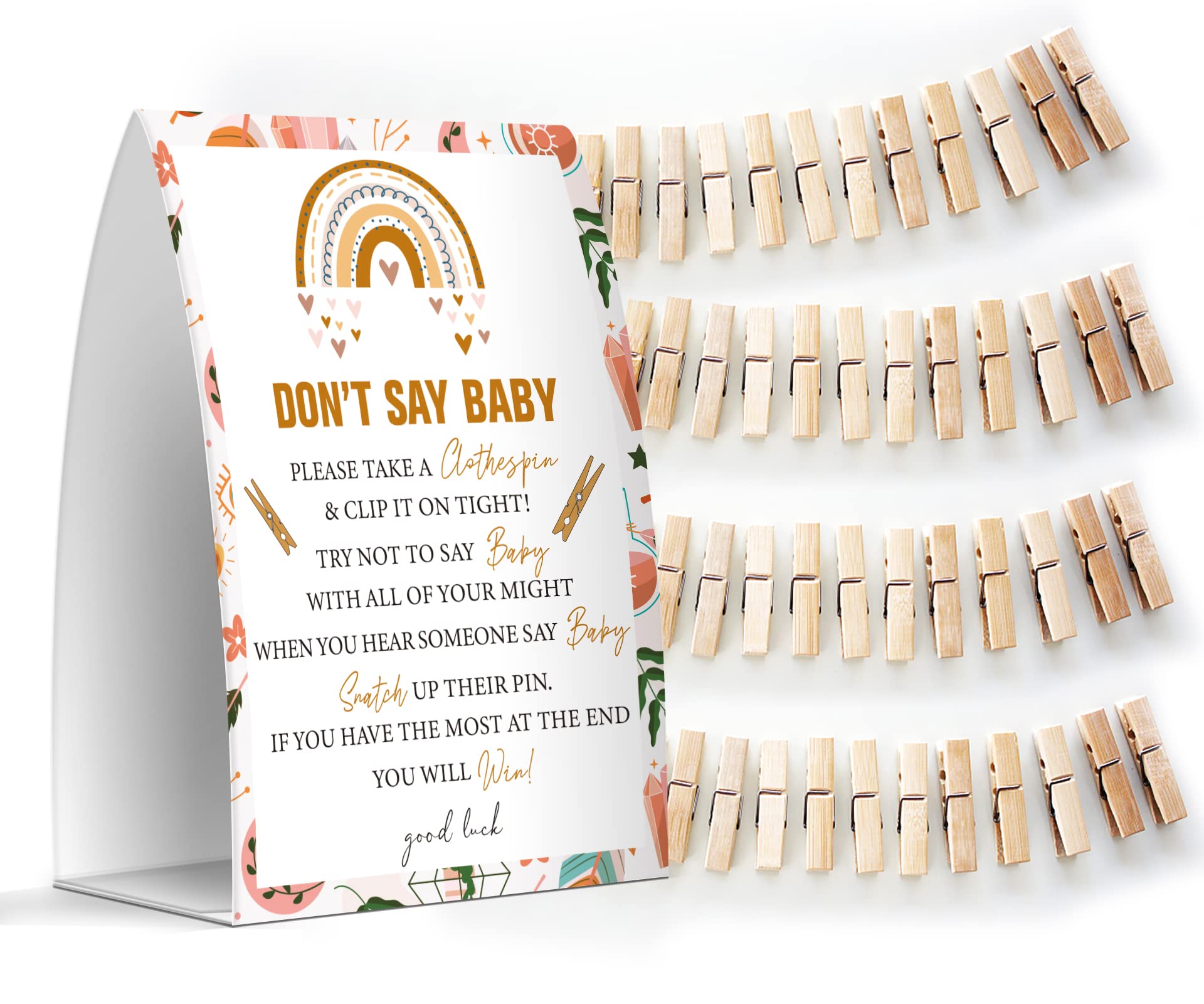 Don't Say Baby Set - One 5x7 Sign and 50 Mini Clothespins, Baby Shower Games, Baby Shower Decoration, Gender Neutral Baby Shower - MsJb024