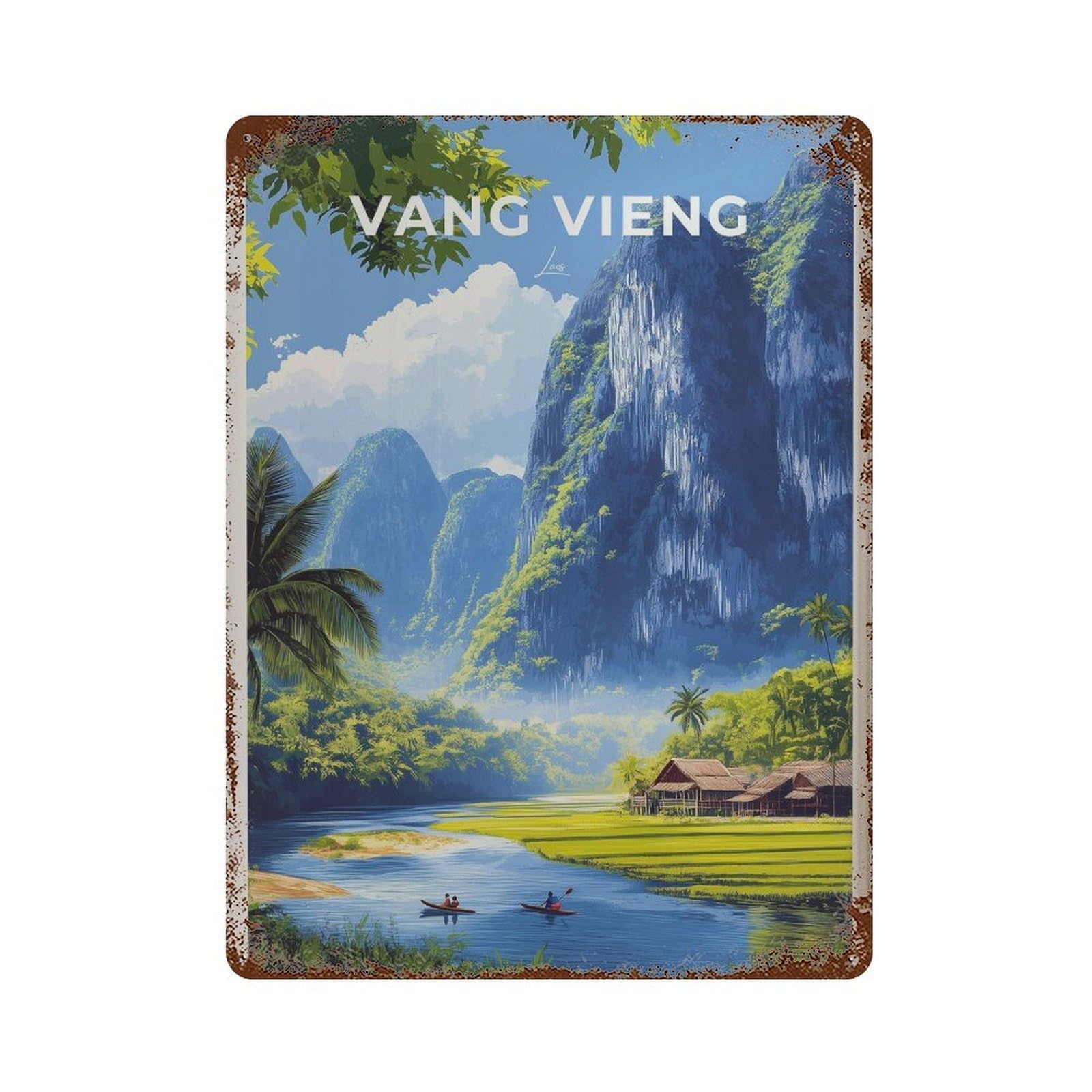 xiaoxiaoshen Vang Vieng Laos Travel Mountain Landscape Wall Decor Art Metal Tin Poster Modern Home Decor Art Home Bar Shop Decorations Vintage Sign 40x30cm