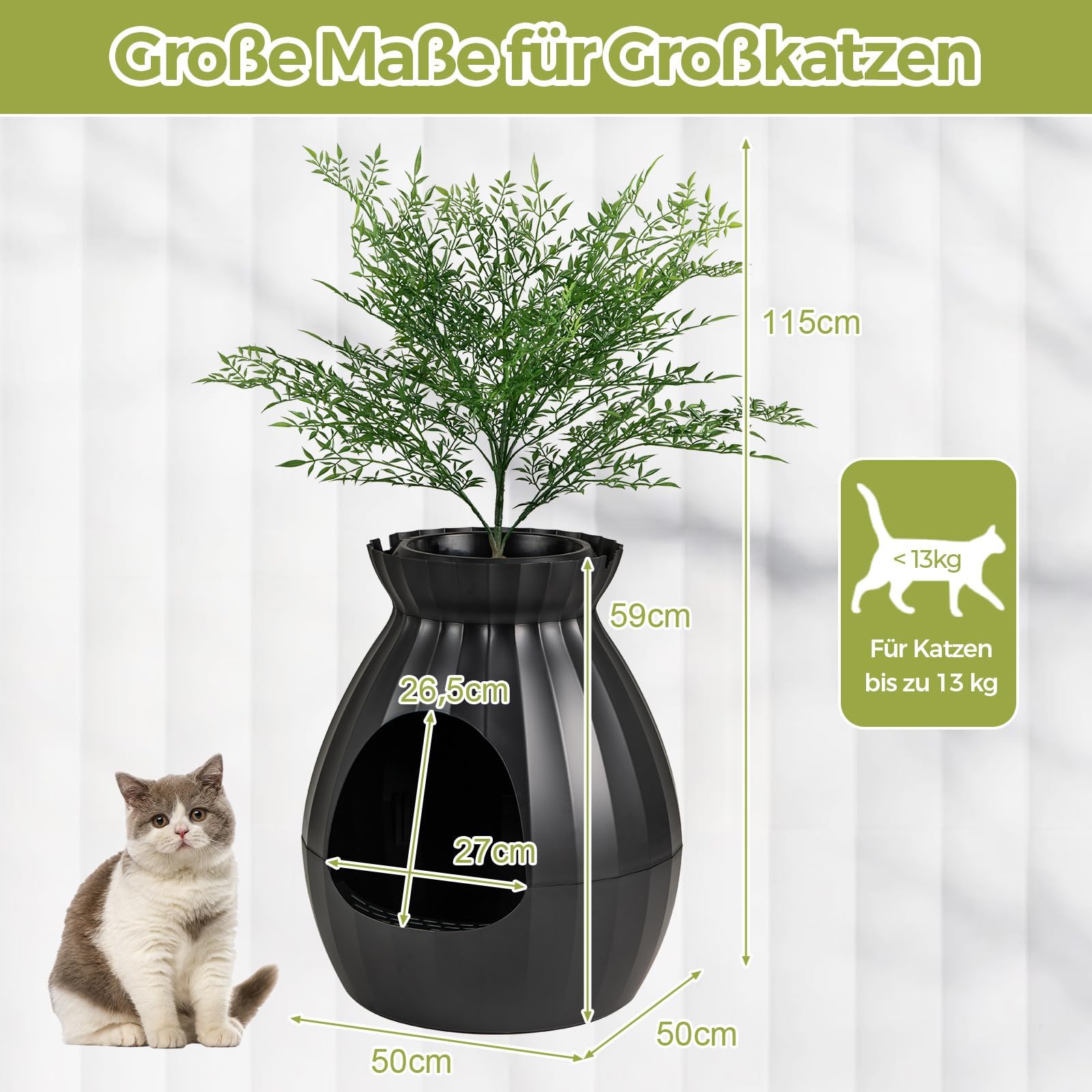 FANTASK Bac à litière pour Chat - 50 x 50 x 59 cm - avec système électronique d'élimination des odeurs - Style Pot de Fleurs avec Plante Artificielle et Cailloux - Noir