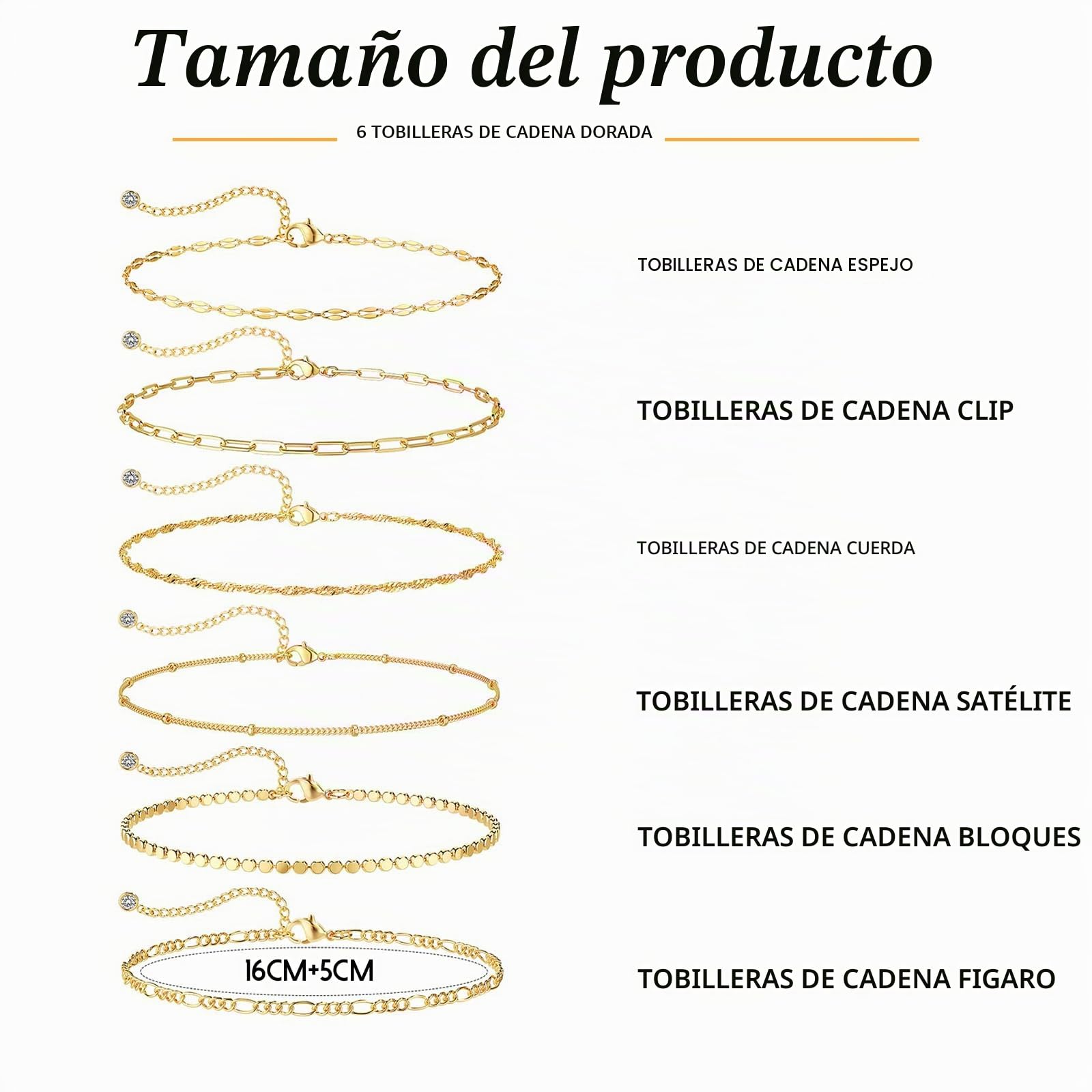 6 Piezas 14K Tobilleras Impermeables para Mujeres, Tobilleras de Oro, Espiga, Caja, Sujetapapeles, Abalorios y Diseño Fígaro, Joyería de Verano