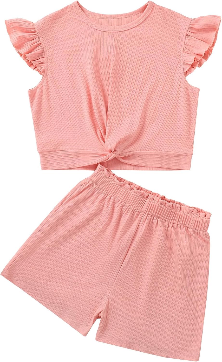 Girls 2 Piece Outfits Summer Ruffle Sleeve Top and High Waisted Striped Shorts Set for Girls 7-14 image 5