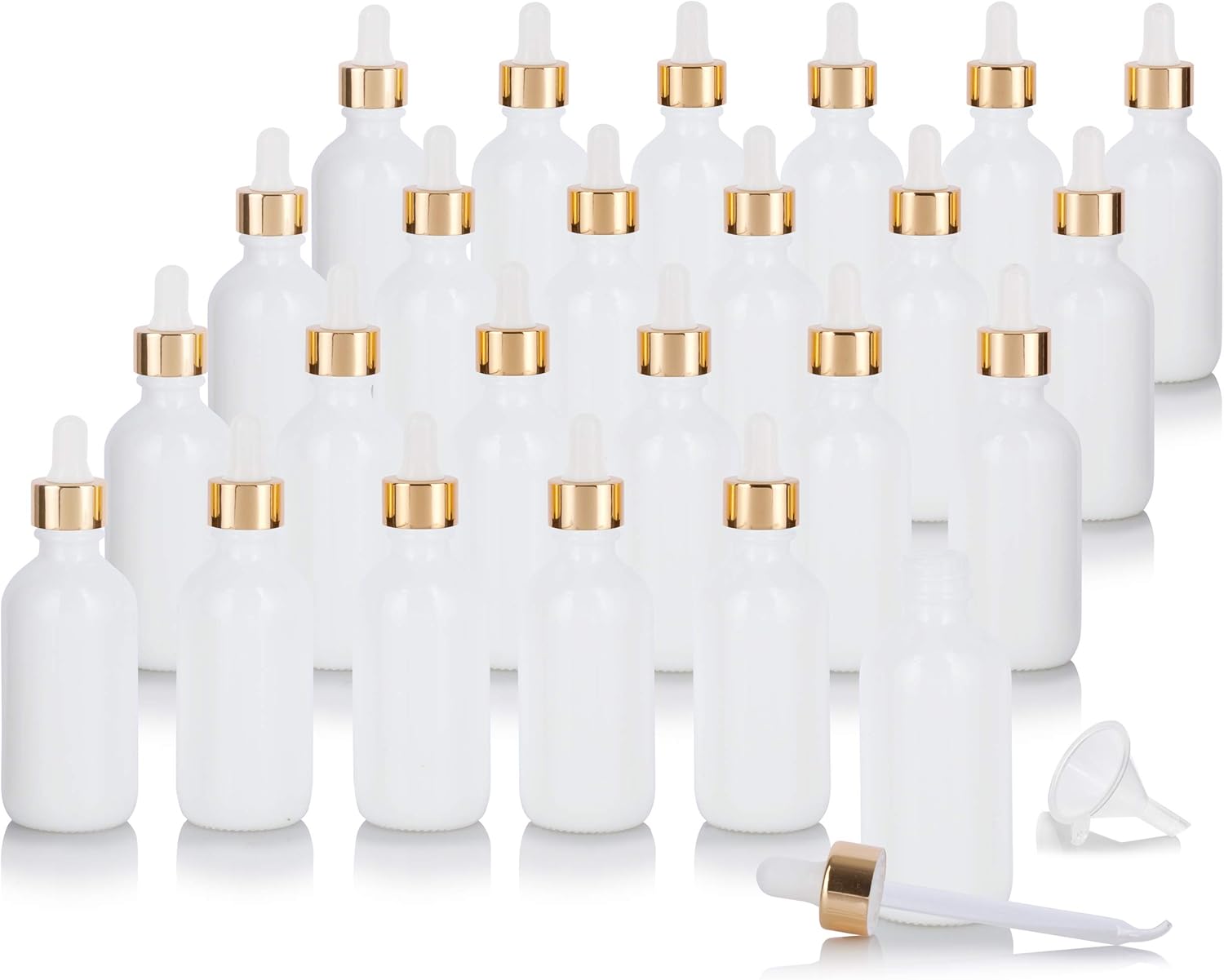 JUVITUS 2 oz Opal White Glass Boston Round Bottle with Gold Metal Glass Dropper (24 Pack) + Funnel