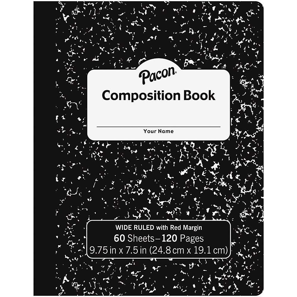 Pacon(r) PACMMK37118 Hard Cover Composition Book, Wide Ruled, 9.75" x 7.5", Black Marble, 60 Sheets