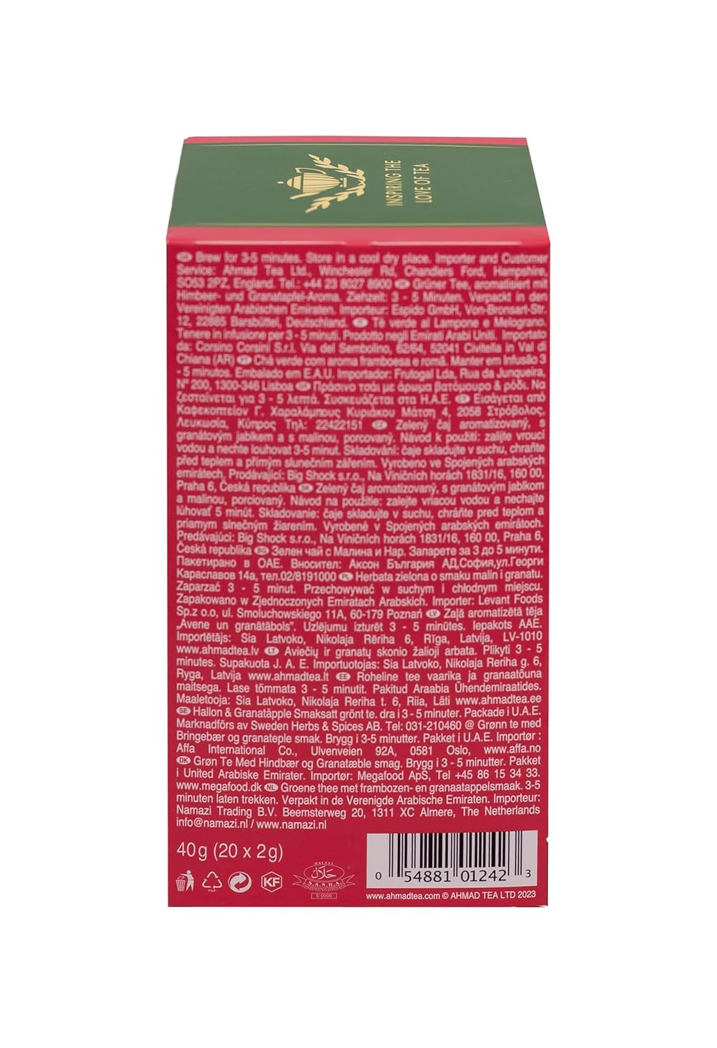 Ahmad Tea Foil-Enveloped Teabags Green Tea, Raspberry & Pomegranate, 20Count (Pack Of 6)