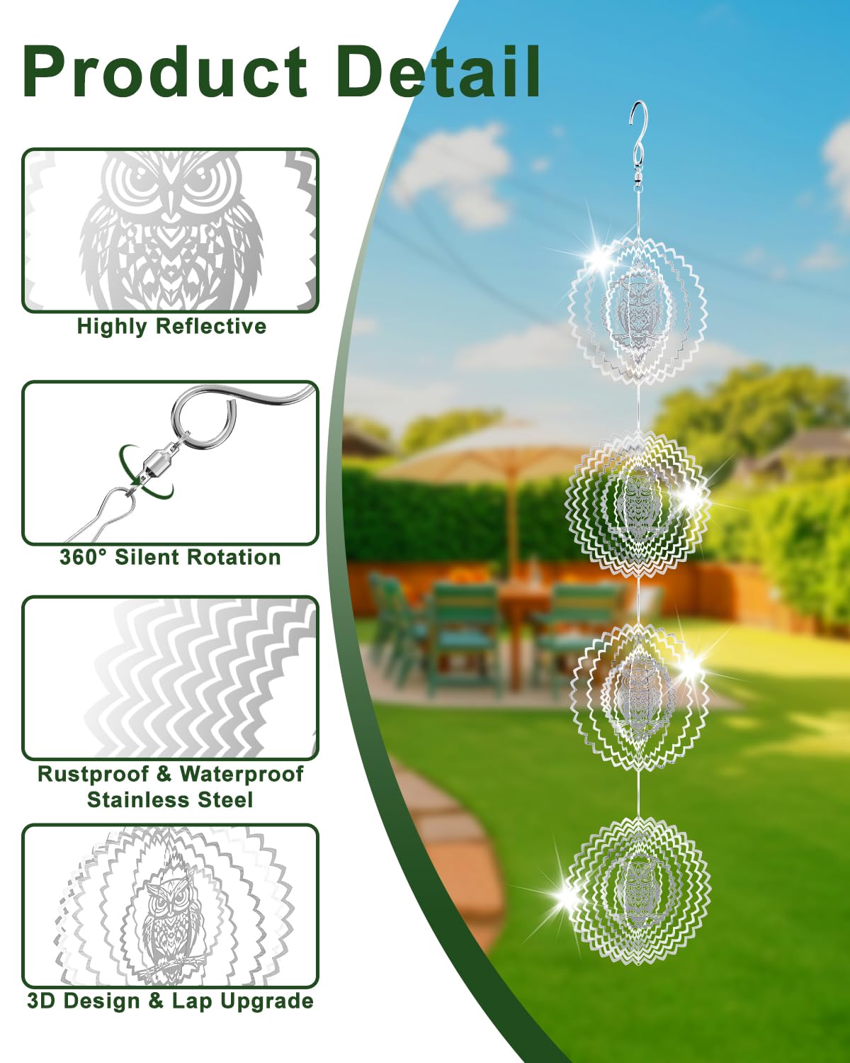 Piemow 12 Pcs Reflective Bird Scare Discs Set - Stainless Steel 3D Owl Wind Spinner for Outdoor Yard Garden 4×4 Inch