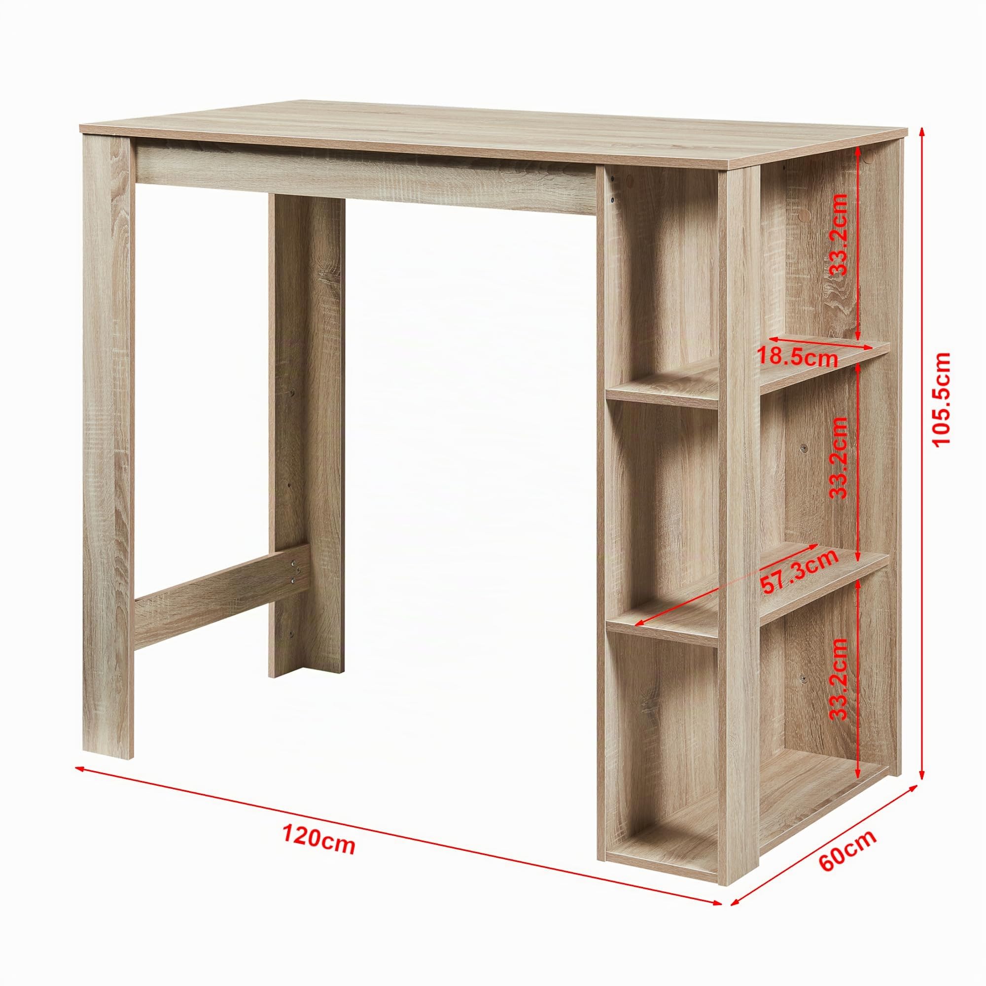 [en.casa] Table de Bar Design avec Surfaces de Rangement Table Bistrot avec 3 Étagères Panneaux de Particules 120 x 60 x 106 cm Effet Chêne