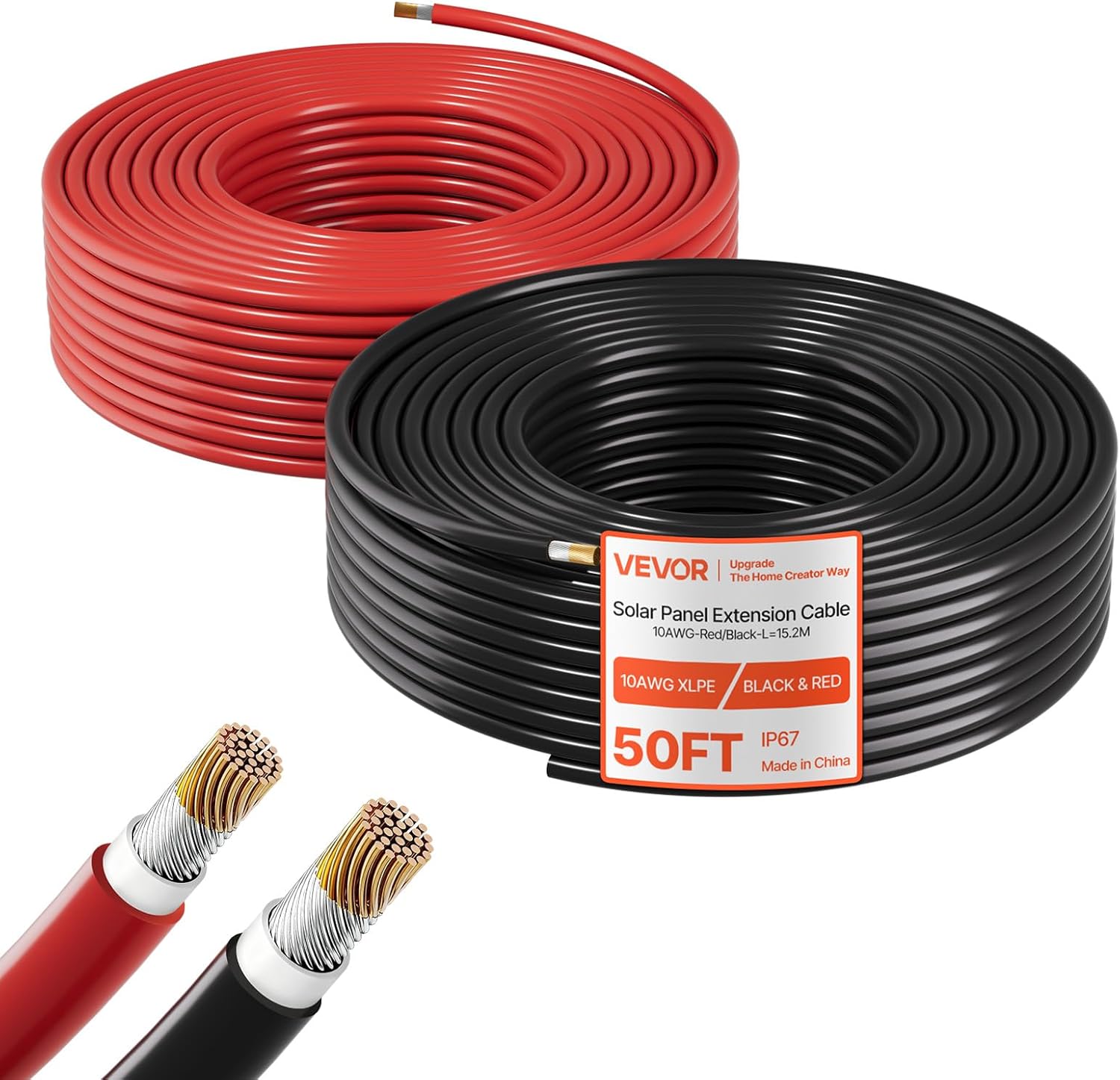 VEVOR Solar Panel Wire, 50 ft Black + 50 ft Red Kit, 10 AWG (6 mm²) Solar Panel Extension Cable, PV Tinned Copper Wire, for Outdoor Home Off-Grid Photovoltaic Systems Automotive RV Boat Marine, IP67