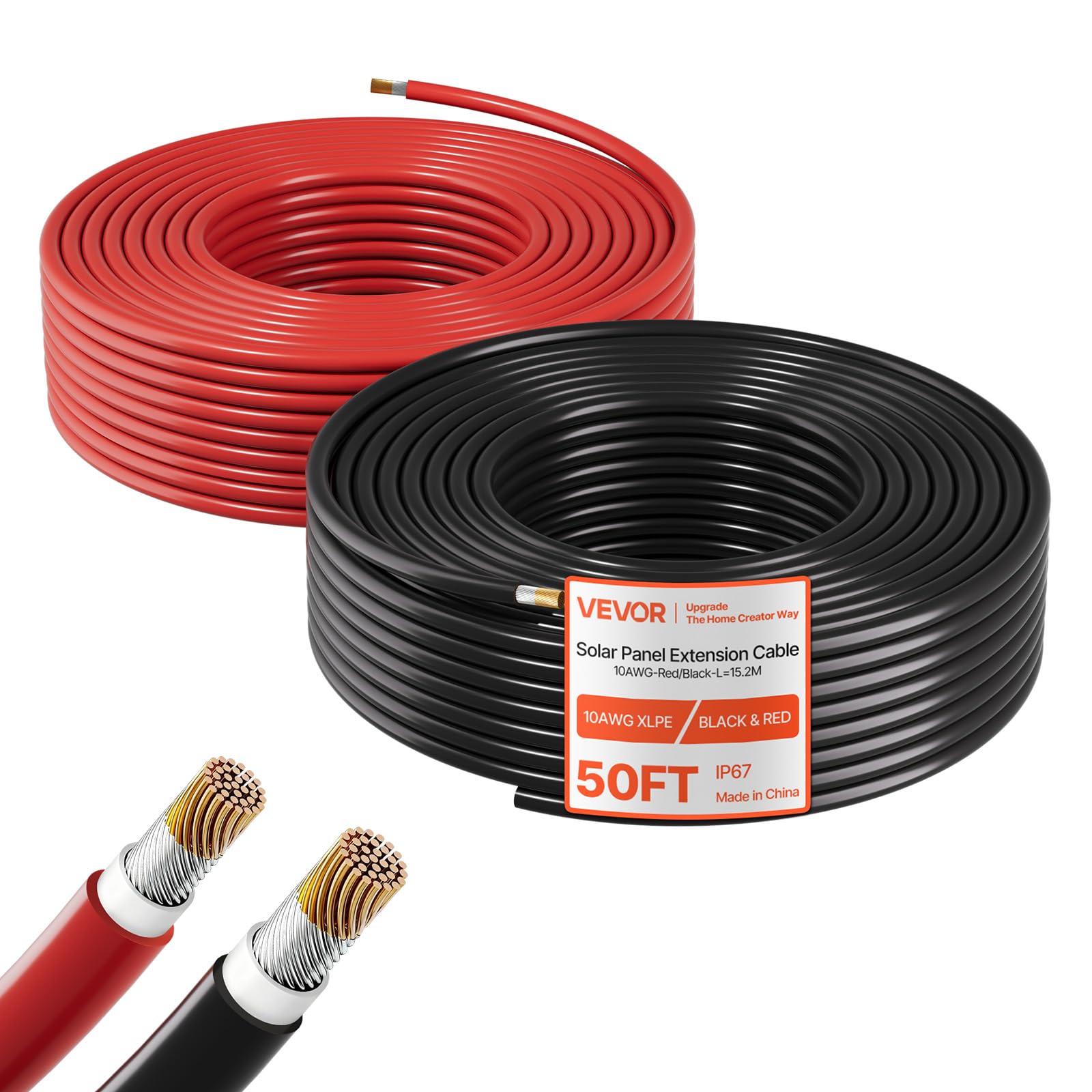 VEVOR Przedłużacz kabla solarnego, 15,2 m, czarny i czerwony 15,2 m, 10 AWG, ocynkowany kabel miedziany do niezależnych od sieci instalacji fotowoltaicznych w domu, pojazdach, RV, łodziach, IP67