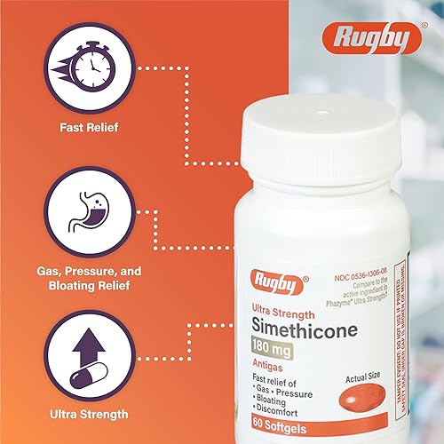 Miniatura 3 de Rugby Ultra Strength - Alivio de gas de simeticona, 180 mg, máximo alivio de gases para adultos, puede ayudar con los síntomas de flatulencia,
