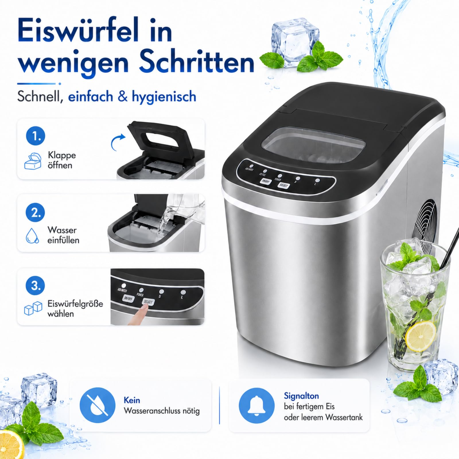 Eiswürfelmaschine Eiswürfelbereiter Eiswürfel Ice Maker EIS Maschine Icemaker (Edel Stahl)