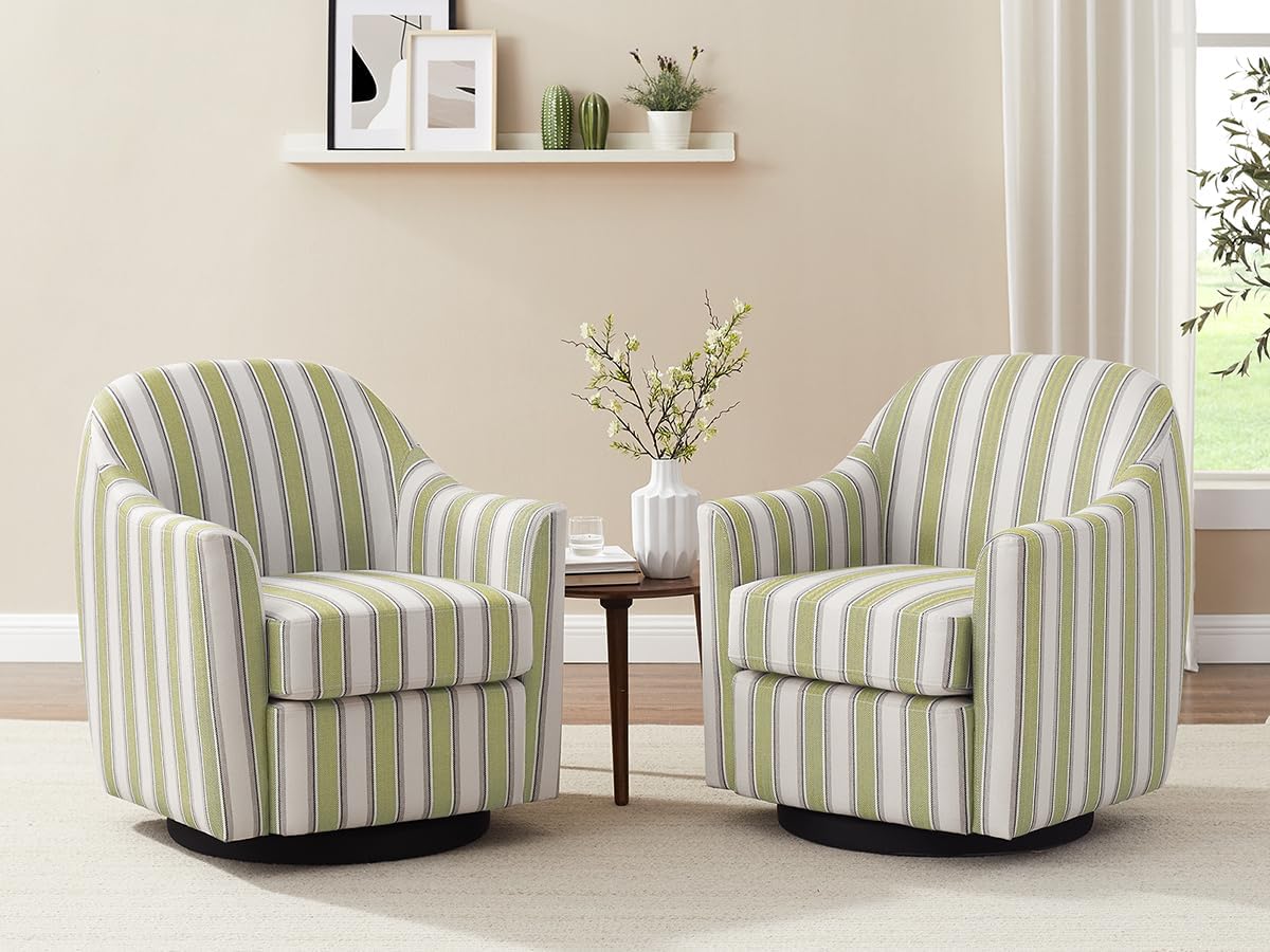VANOMi Swivel Accent Chair, Swivel Barrel Chair Modern Upholstered Round Armchair, Comfy Club Reading Chairs for Adults, Reading Accent Chairs for Living Room, Bedroom, Office (Green Stripe)