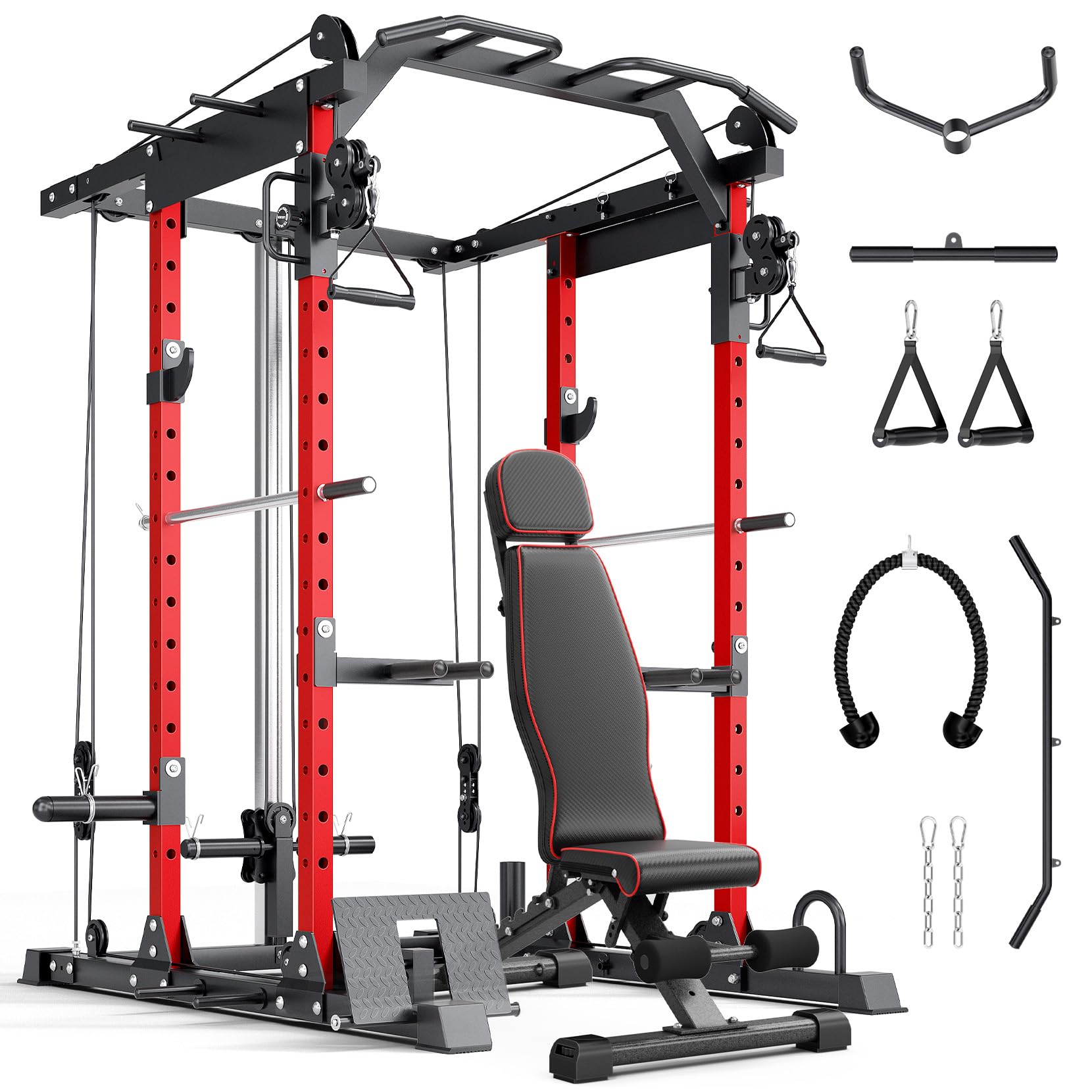 YOLEO Smooth Dual Pulley System Power Cage, 1600LBS Adjustable Cable Crossover Power Rack, Multi-Functional Squat Rack for Home Gym with More Training Attachment (Power Cage + 880LBS Weight Bench)