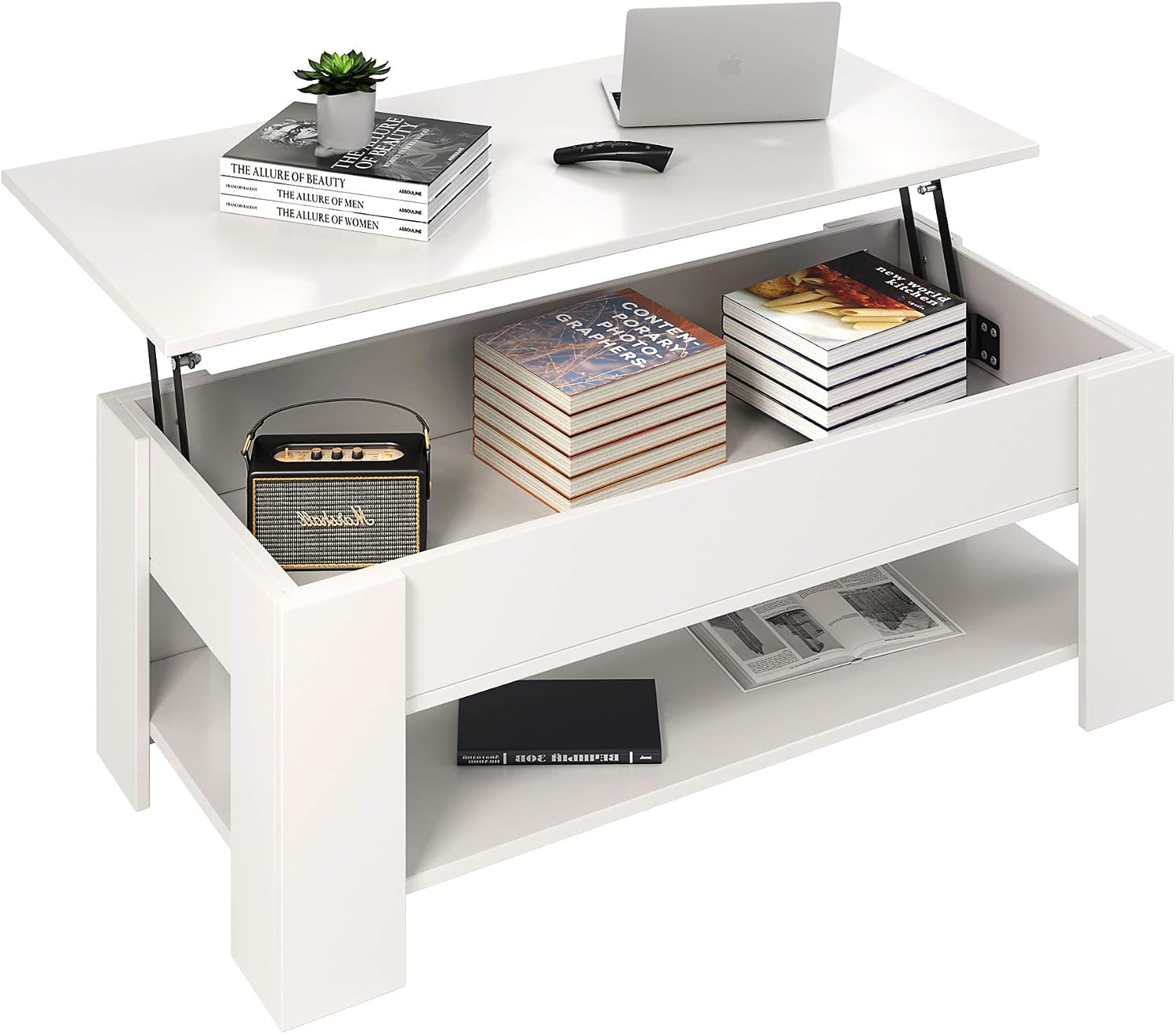Yusong Modern Lift Top Coffee Table with Hidden Storage Compartment and Lower Open Shelf, Rustic Rising Tabletop Table for Dining,Living,Reception Room,White