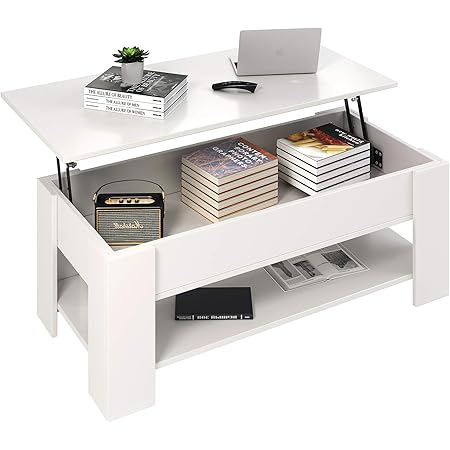 Yusong Lift Top Coffee Table with Hidden Storage Compartment and Open Shelf,Rustic Pop-Up Tabletop for Living Room,Modern Wood Storage Table Accent Furniture,Easy Assembly,White