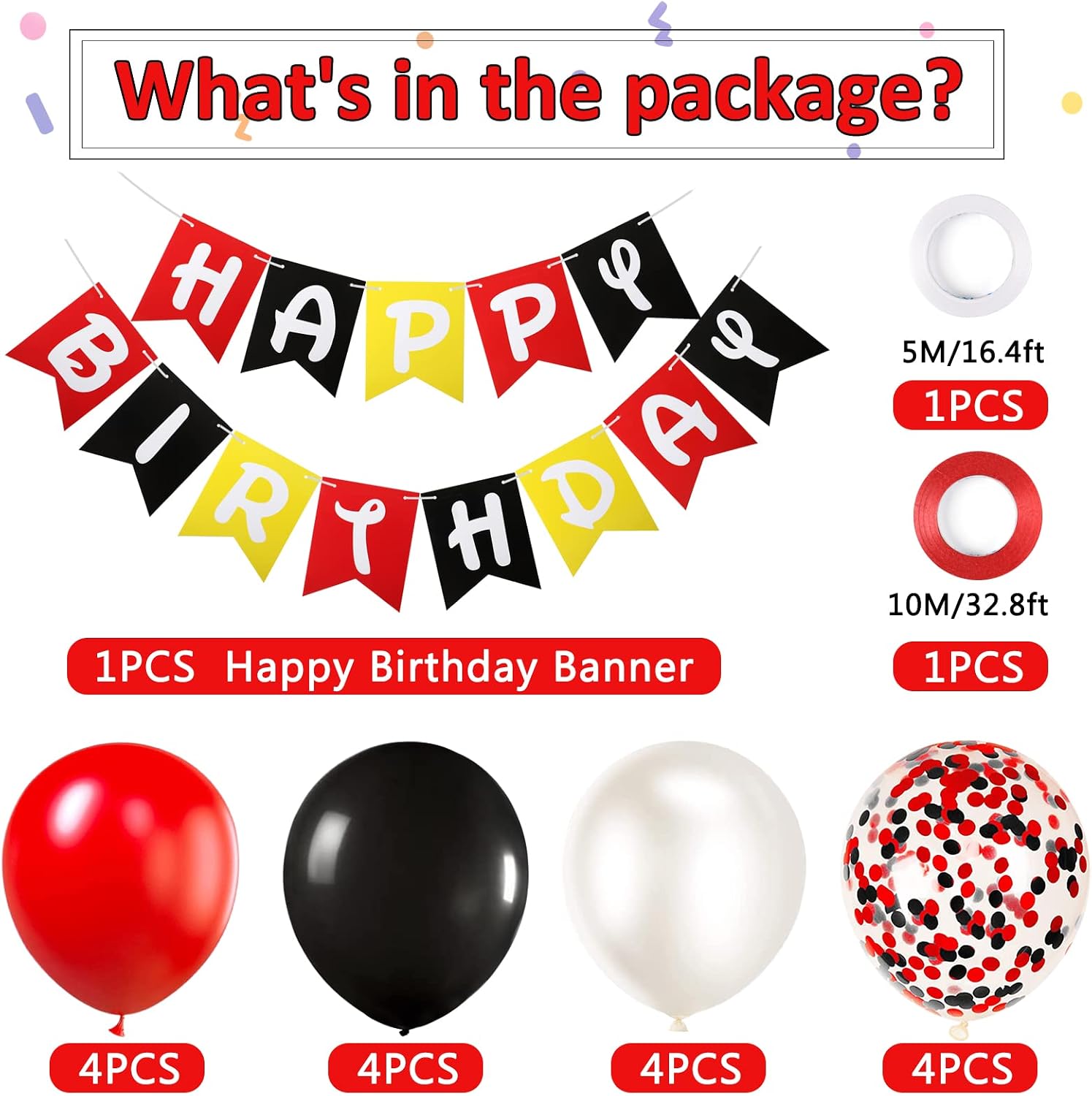 Happy Birthday Banner Bunting Party Decorations Black Red Balloons Confetti Latex Balloon Party Banners for Boys Girls Birthday - Image 3