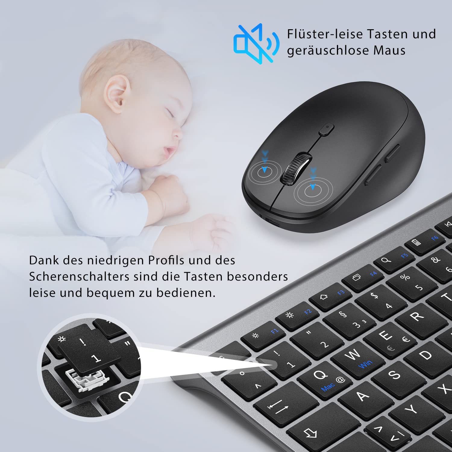 iClever Bluetooth Tastatur mit Maus, Wiederaufladbare Dualmodus USB & Bluetooth Tastatur aus Metall, 3 Geräte Verbindung Deutsch QWERTZ Funktastatur, für PC/Tablet/MacOS (Grau)