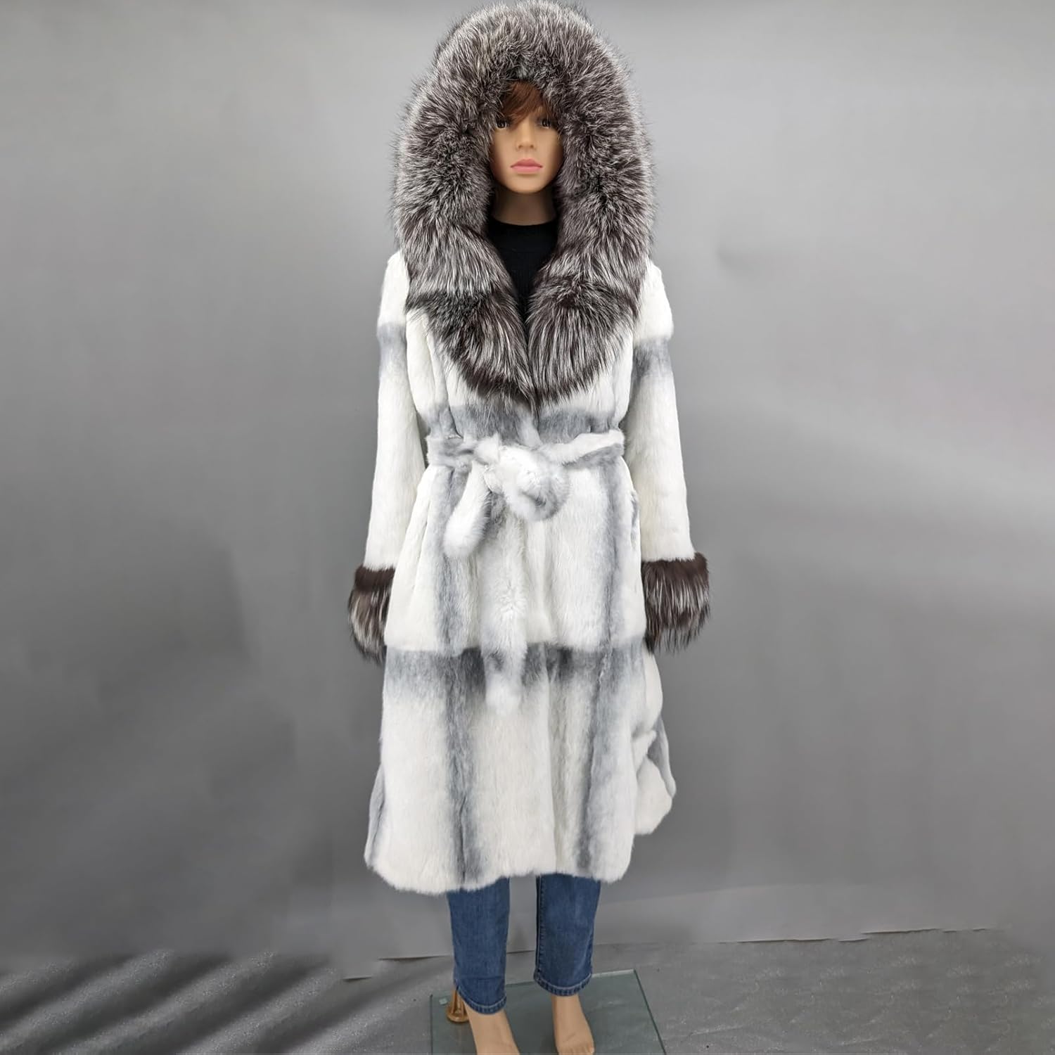 LVCOMEFF Women Genuine Rabbit Fur Long Coat Jacket with Silver Fox Fur Collar Hood Luxurious