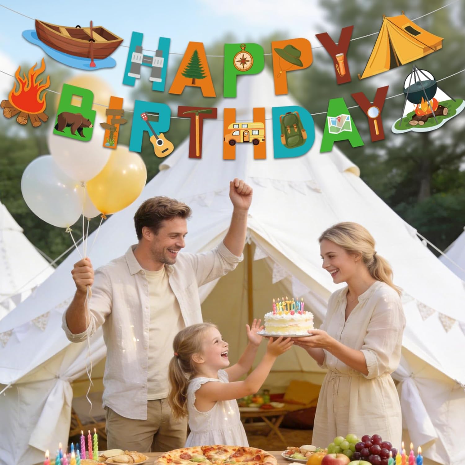 25Pcs Camping Birthday Party Decorations, Camping Party Decorations with Camping Happy Birthday Banner Hanging Swirls Camping Decorations for Camping Adventure Summer Camp Themed Party Decorations