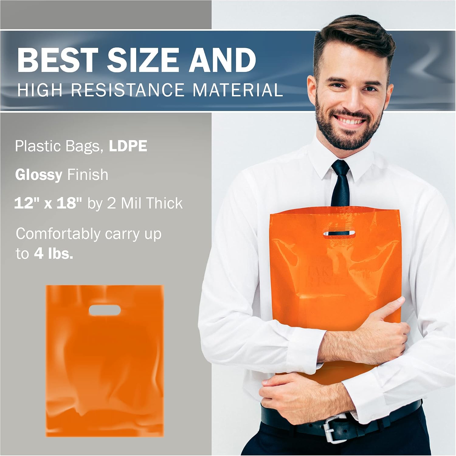 12x18 Orange Plastic Bags, Medium, Glossy Finish, 2 Mil Thick, 100 Pack image 3