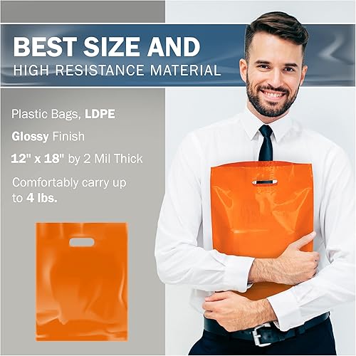 Miniatura 3 de Orange Merchandise - Bolsas de plástico para compras, paquete de 100 unidades de 12 x 18 pulgadas con 2 mil de grosor, asas troqueladas, perfectas