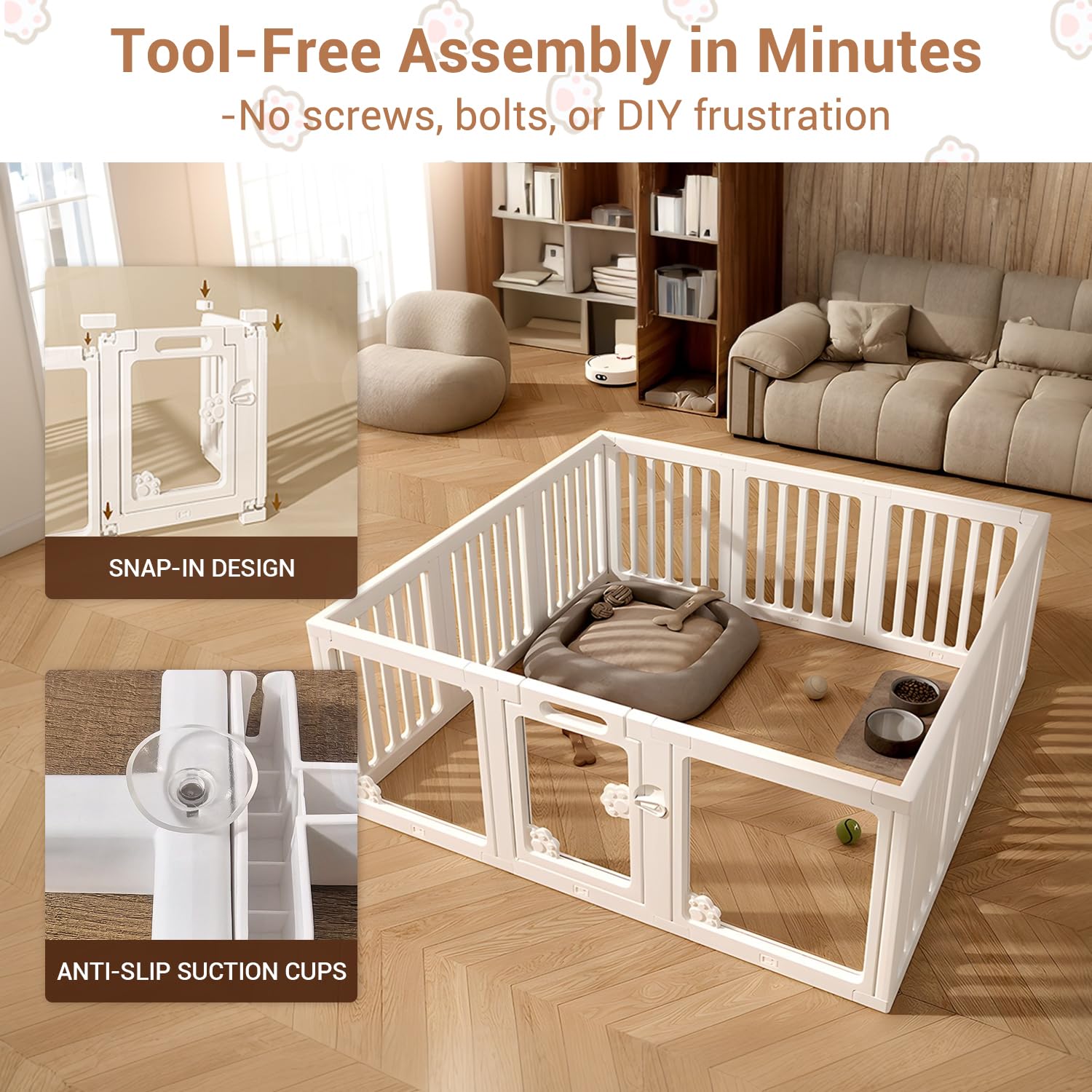 Dog Playpen with Door, Secure Indoor Pet Playpen for Dogs Puppies Cats Rabbits Ferrets - Easy Setup & Clean Plastic Pen with Anchors & Suction Cups for Small Medium Pets (9+3: 59''*59'')