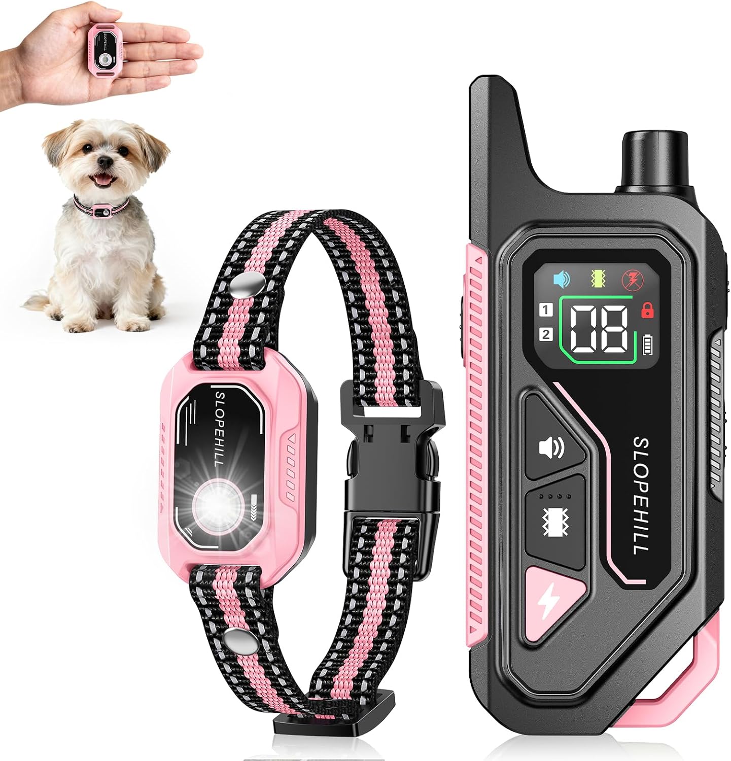SLOPEHILL Mini Shock Collar for Small Dogs 5-30lbs, 4200FT Dog Training Collar with Remote,IPX8 Waterproof E-Collar Features Beep,Vibration,Shock,Light,No Shock Modes,Security Lock,Pink