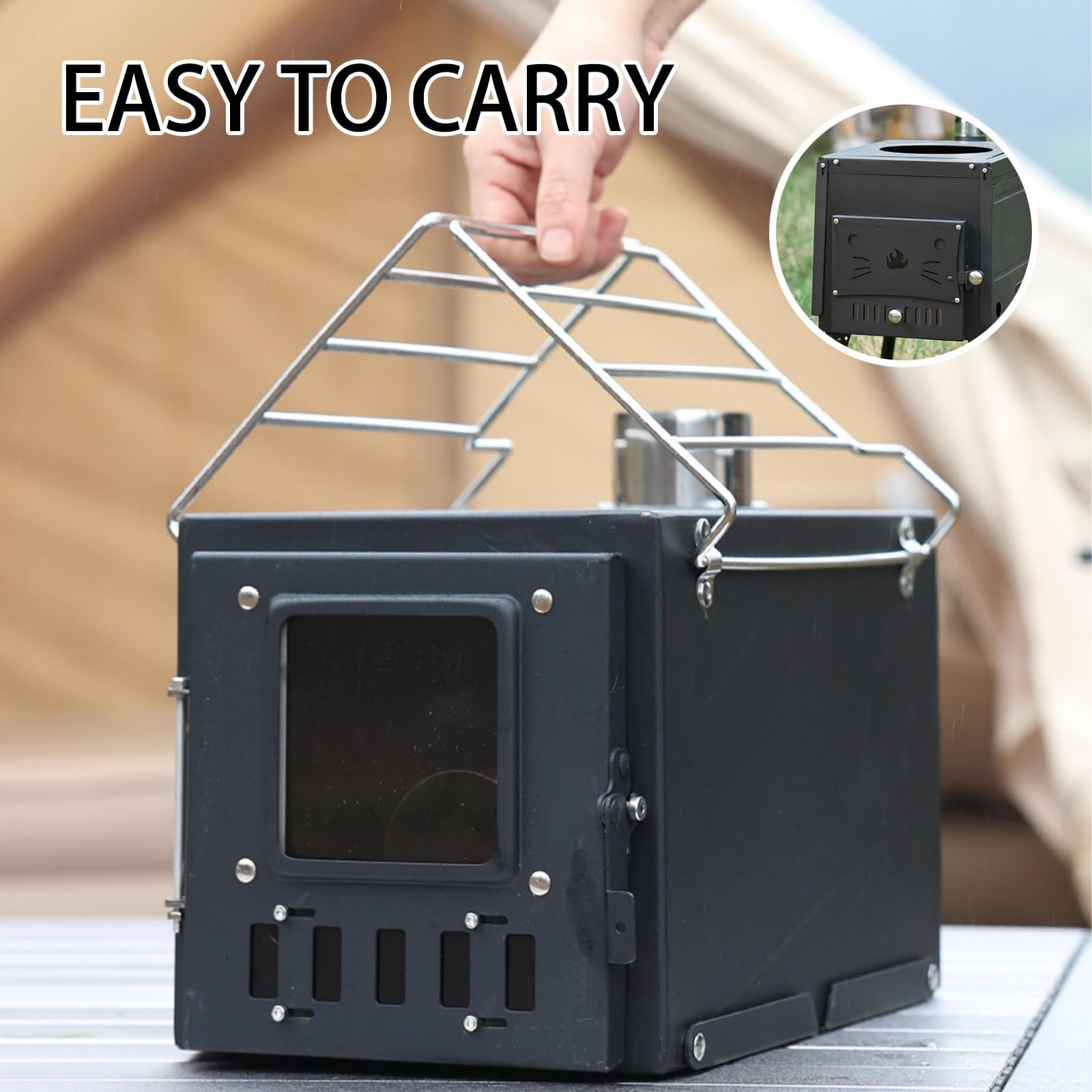 Réchaud de camping portable – Réchaud à bois avec tuyaux de cheminée et grand foyer pour la cuisine en plein air, barbecue, randonnée, pêche, chasse et chauffage
