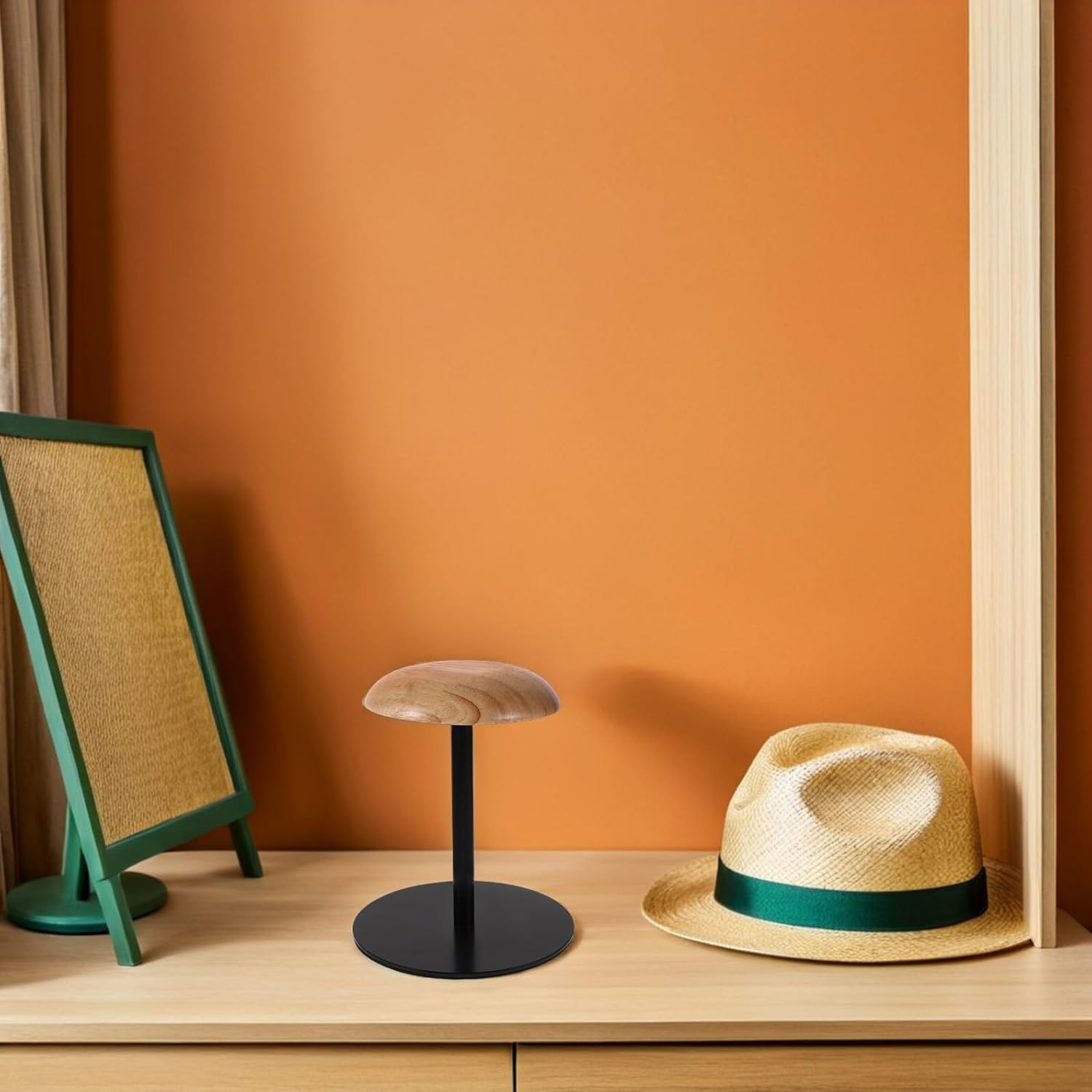 balacoo Wood and Metal Hat Display Stand for Caps with Black Base – Tabletop Hat Organizer Rack for Home and Retail Showcasing