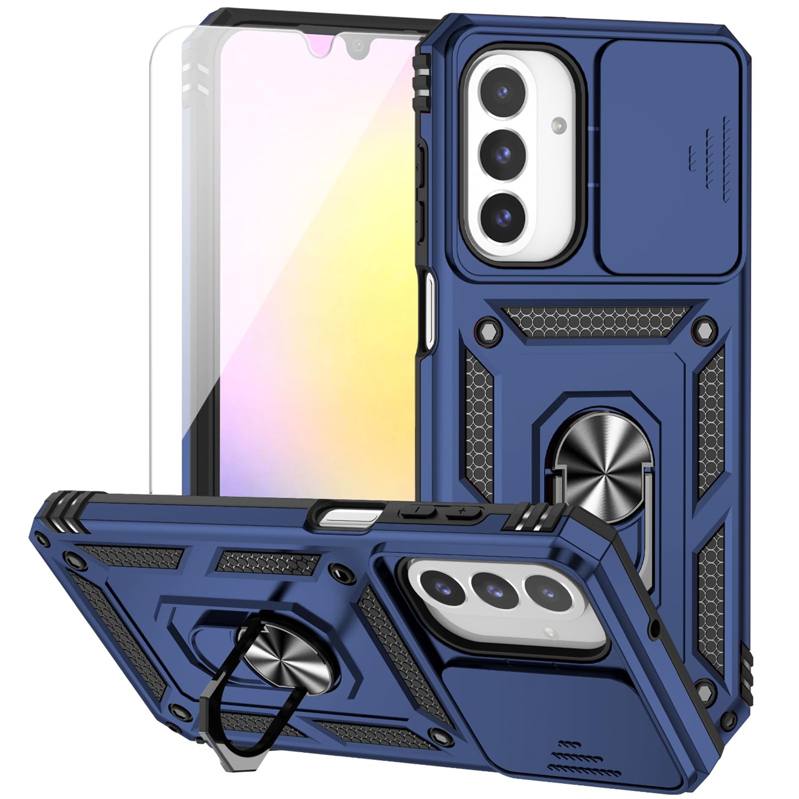 for Samsung Galaxy A26 5G Case with Camera Lens Cover HD Screen Protector, Dual Layer Military-Grade Drop Tested Magnetic Ring Holder Kickstand Protective Phone Case for Samsung Galaxy A26 5G (Navy) Navy Blue with camera cover Military-Grade 2nd gen