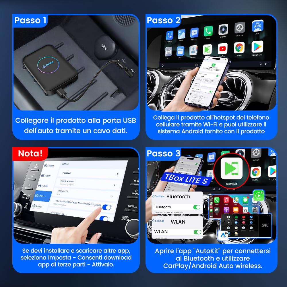 CarlinKit AIBOX-Lite 3in1 Adapter, supporta il sistema Android/CarPlay senza fili e Android Auto senza fili, portando la visualizzazione di video come Youtube, Netflix