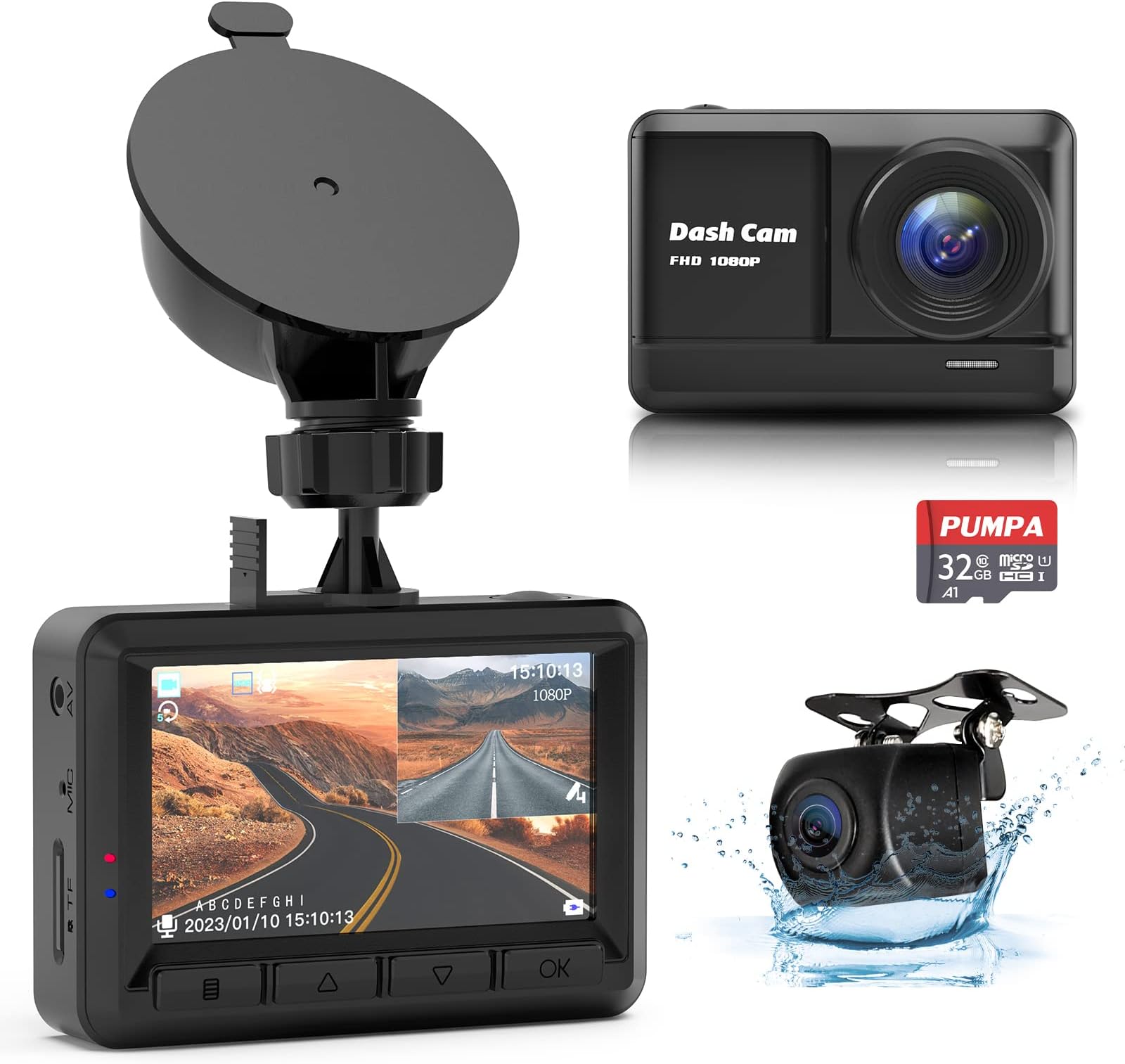 Dash Cam Front and Rear, 1080P Full HD Dash Camera for Cars with 32GB SD Card, 2.45'' IPS Screen, 170°Wide Angle, Night Vision, Parking Monitor, Loop Recording, Motion Detection