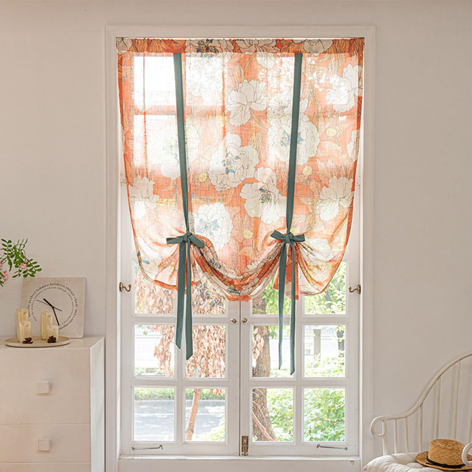 ZZYK Linen Light Filtering Kitchen Valance Summer Print Farmhouse Window Curtain Panels Rod Pocket Washed Rustic Short Valances Curtains for Living Room,Orange,31" W x 59" L