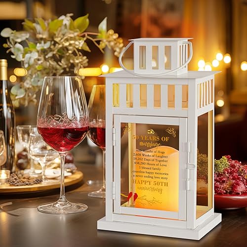 Miniatura 5 de Farol de 50 aniversario de boda, regalo de boda para parejas, padres, marido, esposa, abuelos (blanco, 50 A)