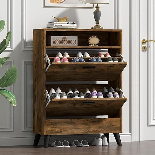 Armario de almacenamiento de zapatos para entrada, organizador de zapatos independiente con 2 cajones abatibles, armario oculto delgado y estrecho
