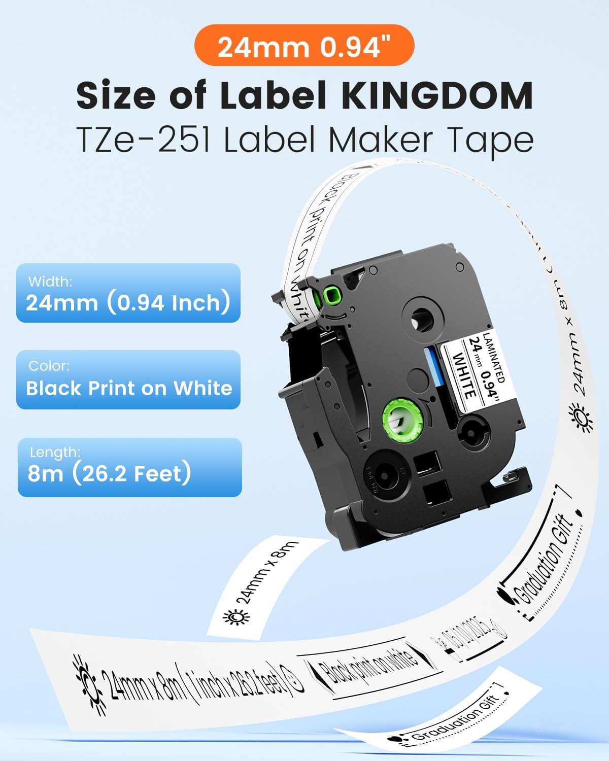 TZe-251 Label Maker Tape 24mm 0.94 Laminated White Compatible with Brother P-Touch Label Tape TZe251 TZ-251 Black on White 1 Inch TZe Tz Tape Work for Brother PT-D600 PT-D610BT PTP700 PTP710BT, 8-Pack