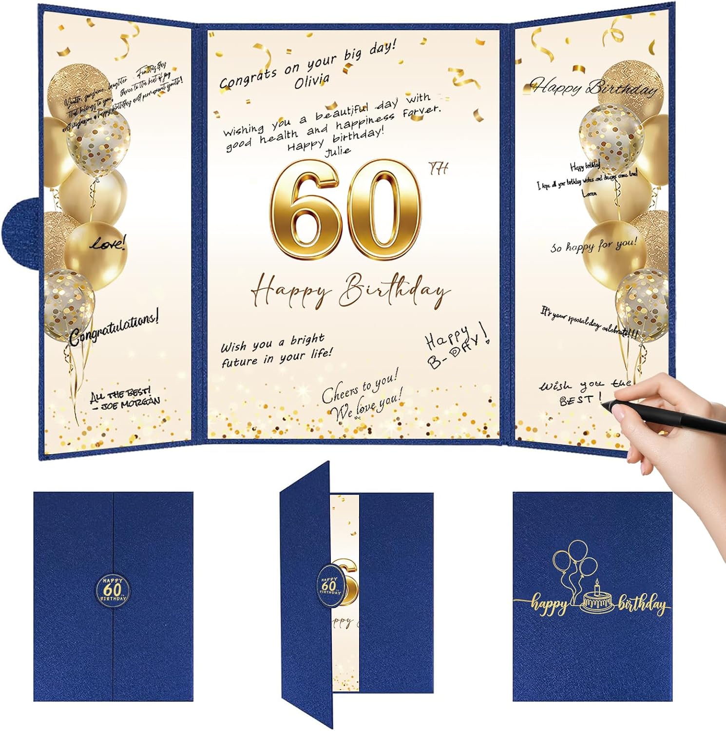 Blue Gold 60th Birthday Signature Guest Book 12" x 18" Decor for Men Women