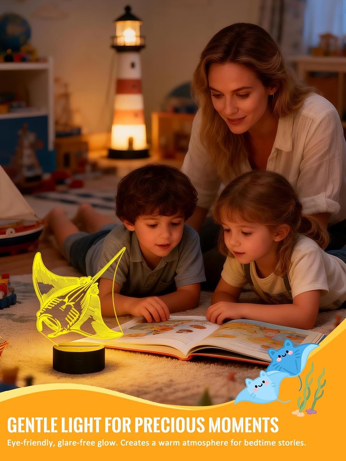 Lampeez Manta Ray 3D Night Light for Kids, LED 16 Colors Remote Control Changing Touch Dimmable Table Desk Lamp, Cute Animal Gifts for Manta Ray Lovers Animal Fans