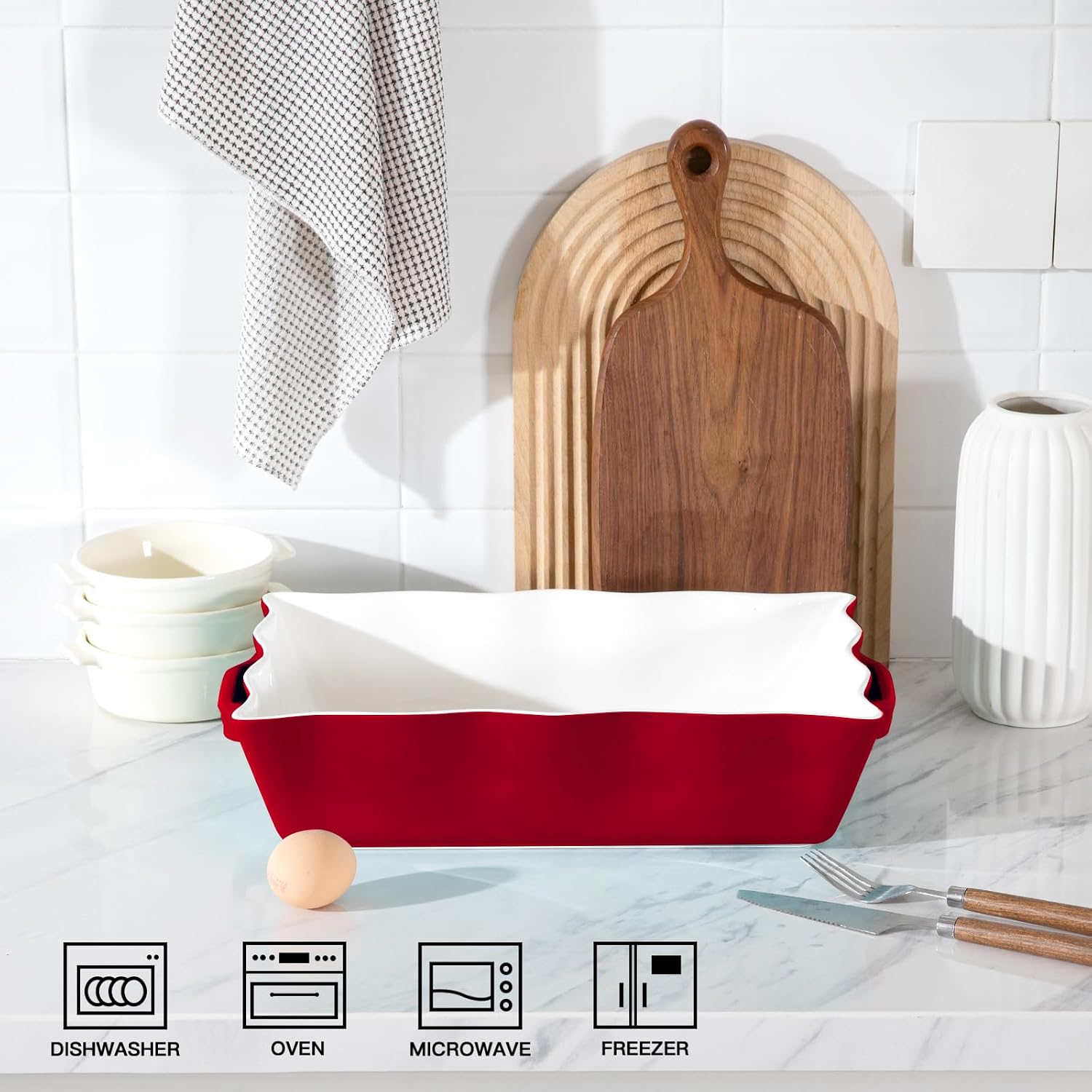Sweejar Casserole Dishes for Oven, Ceramic Bakeware Set of 3, Rectangular Baking dish with Handles, Wave Edge Lasagna Pan Deep for Cooking, Cake, Dinner, Banquet and Daily Use (Baking dish(Set of 1), Red)