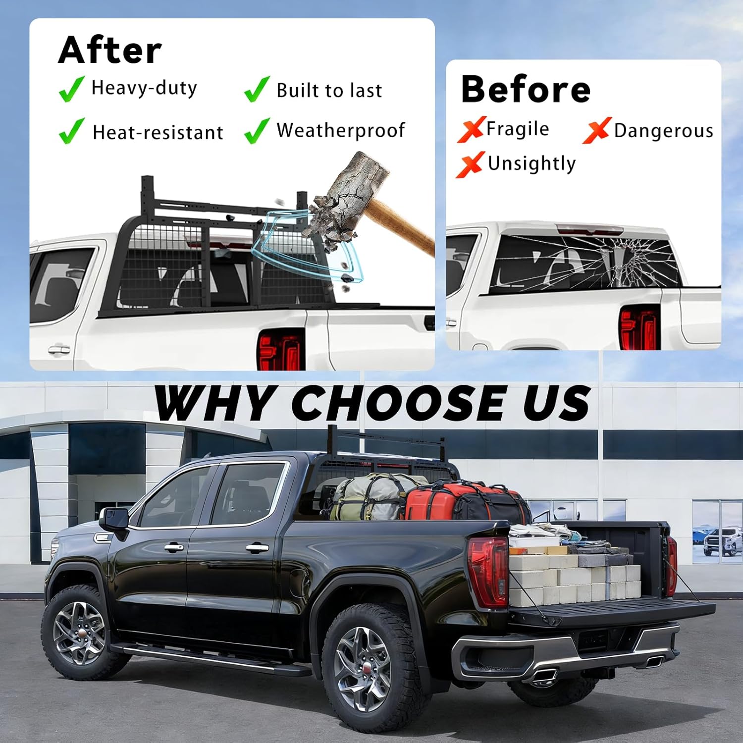 Adjustable Headache Rack, Width 53.5"-72", Height 20.6"-24.5", Heavy Duty Cab Protector Universal Backrack Headache Rack for Full-Size Pickup Trucks