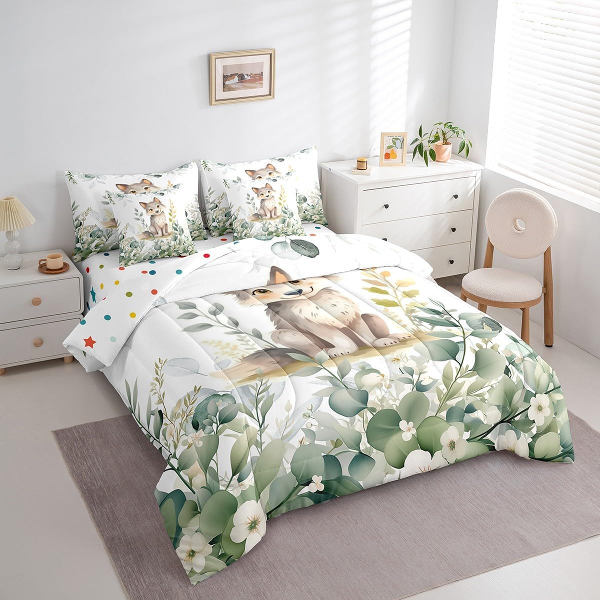 Erosebridal Kawaii Wolf Queen Comforter Set 7 Pieces for Boys Girls Cartoon Animal Bedding Comforter Sets, Eucalyptus Leaves Bed in a Bag Jungle Wildlife Bedding Set, Tropical Botanical Bed Sheets Set