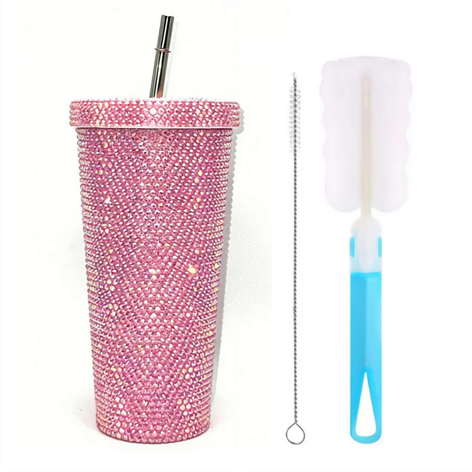 Rhinestone Insulated Tumbler, 500ml Stainless Steel Double Wall Vacuum Mug with Bling Design and Reusable Straw, Sparkling Thermal Cup for Hot and Cold Drinks, Glitter Water Bottle for Women (Pink)