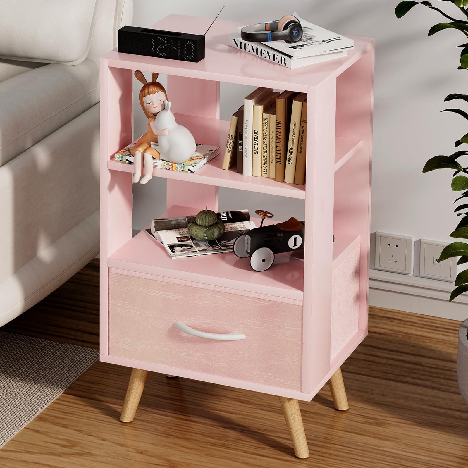Photo 1 of Aenuert Night Stand, Pink Nightstand with Drawer, Side Table with Open Storage, 3-Tier Modern End Table, Bedside Table for Small Space, Living Room, Bedroom
