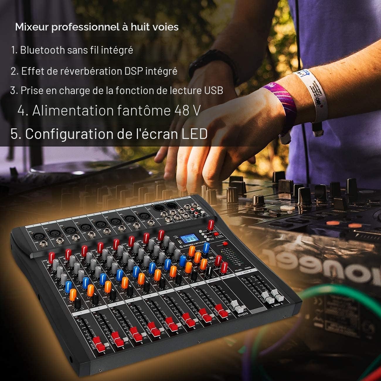 Depusheng DA8 Mélangeur audio professionnel Console de carte de son Bluetooth Interface de système de bureau à 8 canaux Entrée MP3 USB numérique Alimentation fantôme 48V, Noir