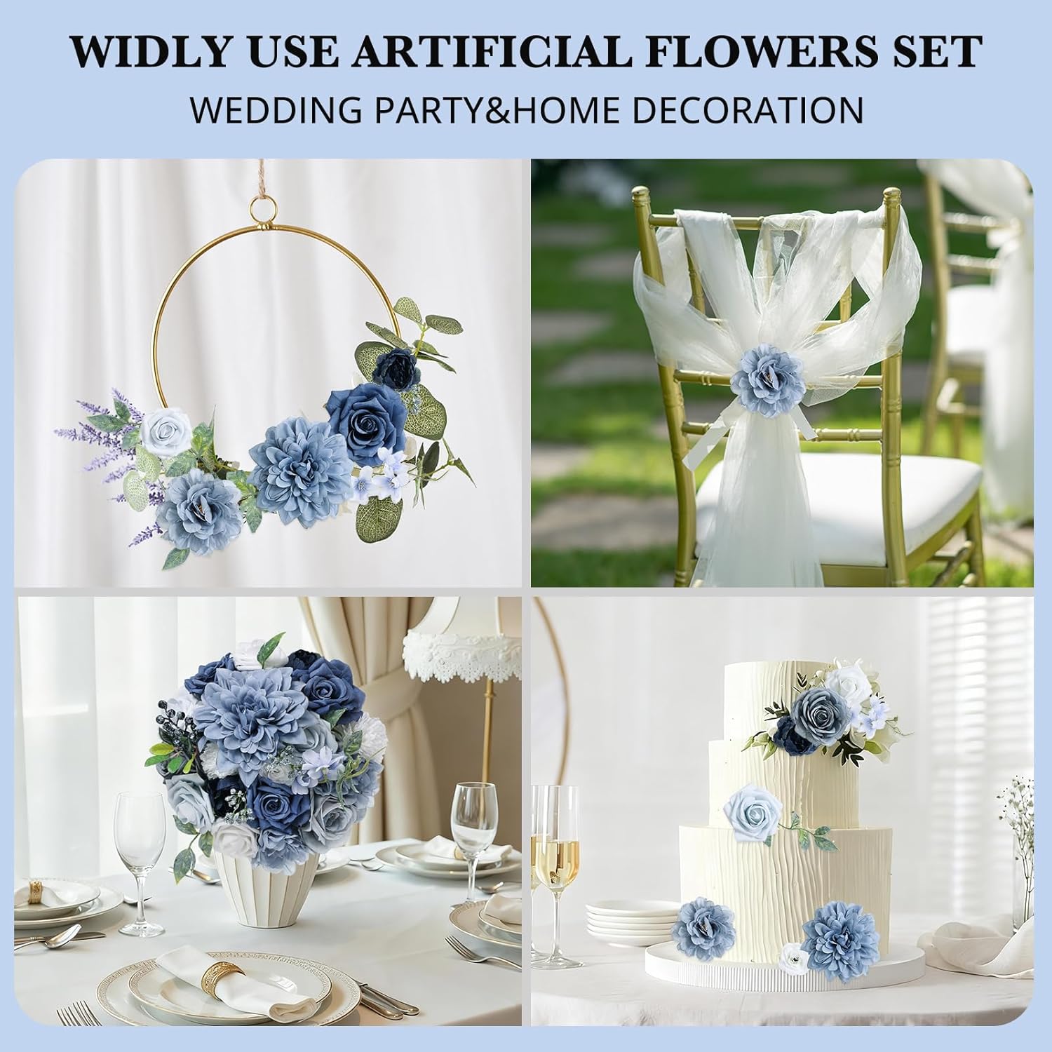 Artificial Flowers Combo Dusty Blue Silk Fake Flower Box Set for Wedding Bridal Roses Bouquets Baby Shower Birthday Party Decorations DIY Floral Centerpieces