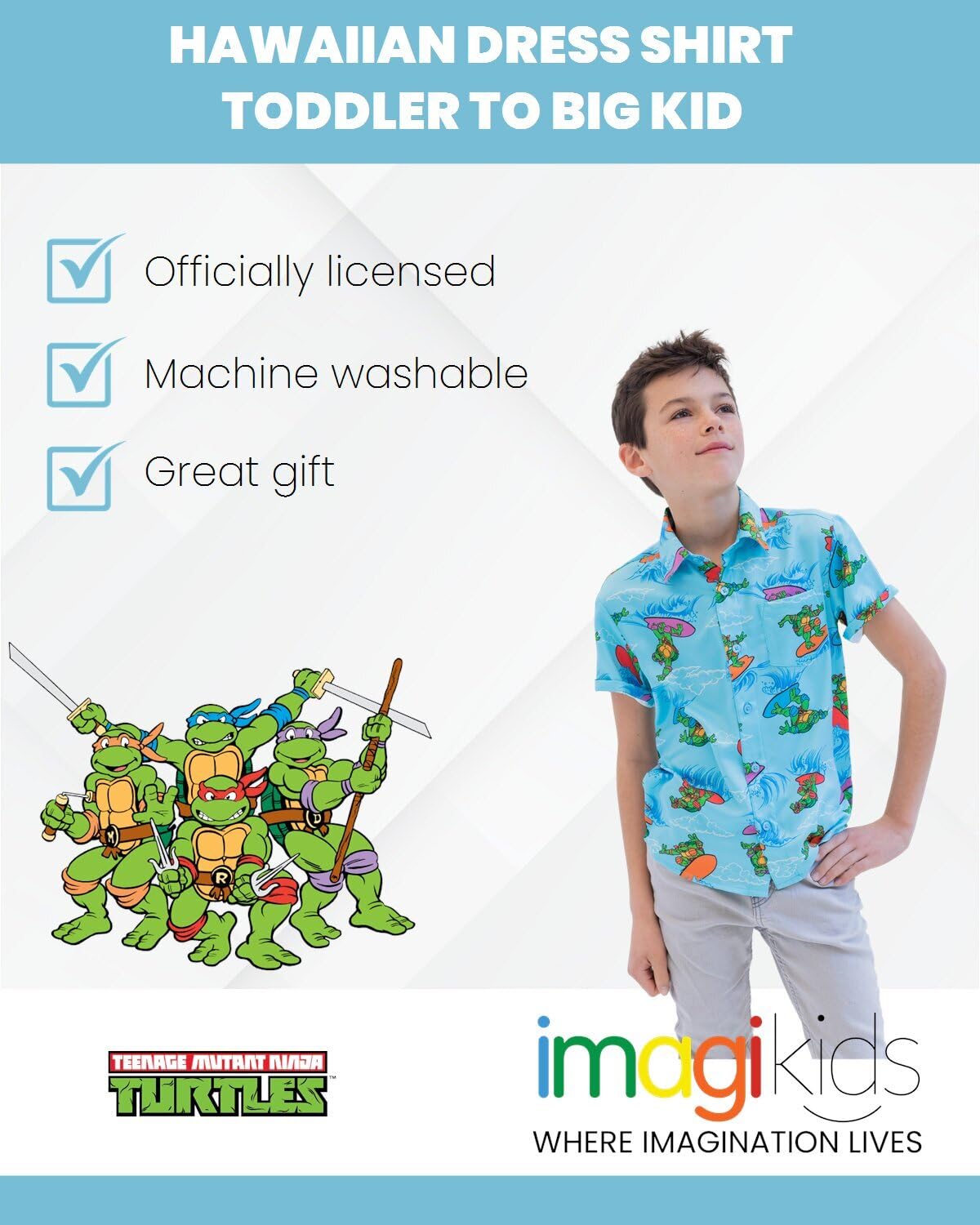 Teenage Mutant Ninja Turtles Leonardo Michelangelo Raphael - Camisa hawaiana con botones para niños pequeños a grandes