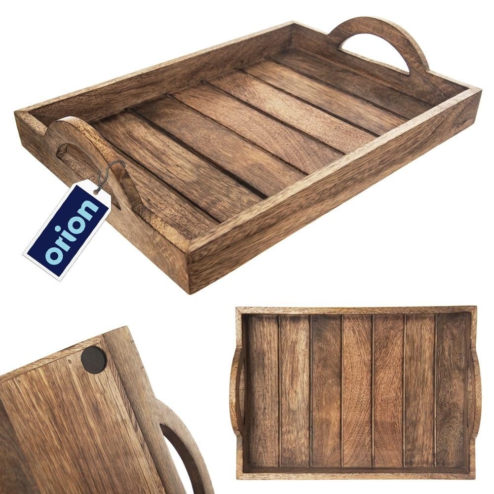 Bandeja de madera para servir, bandeja de madera, mango 35,5 x 25,5 cm