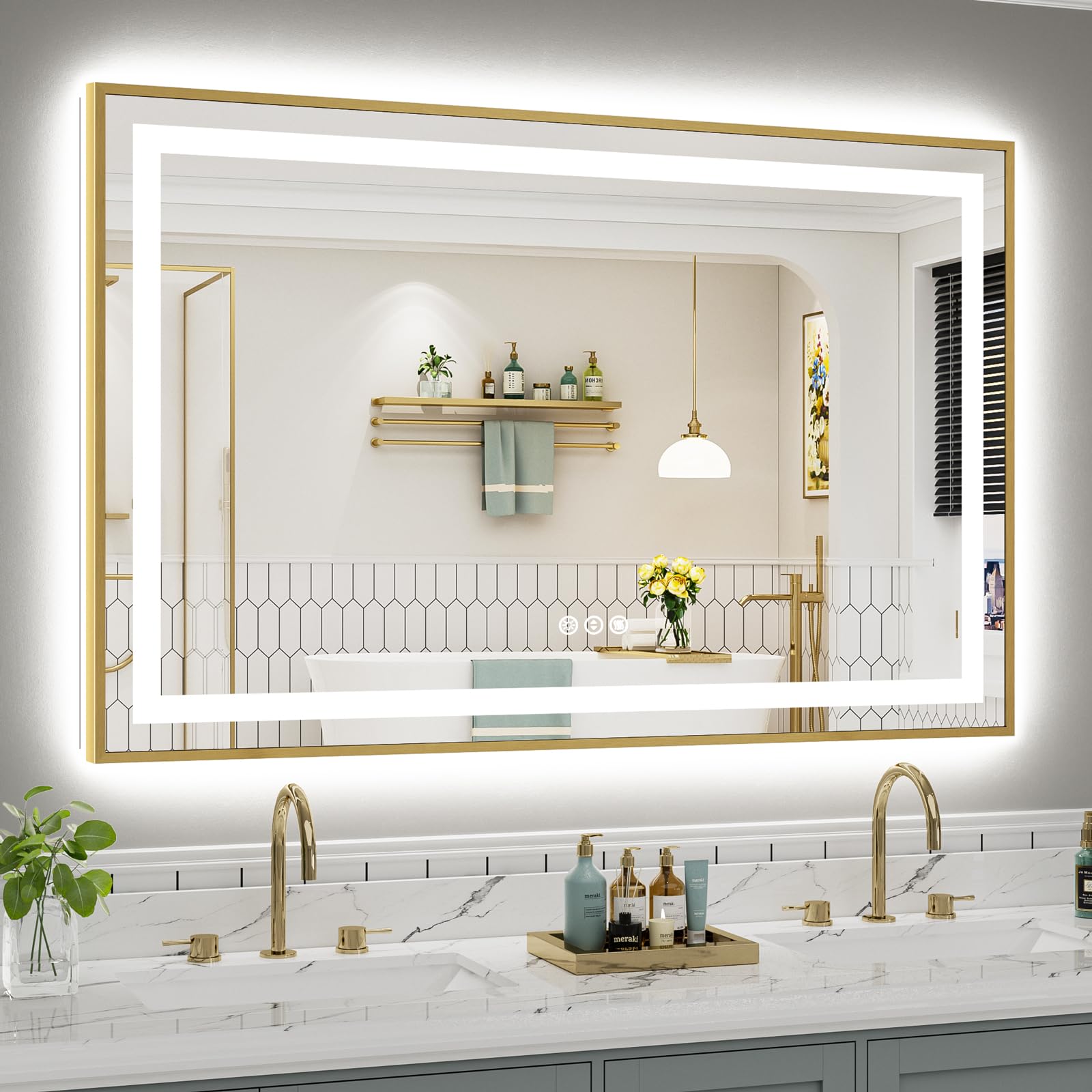 55x36 Inch LED Bathroom Mirror with Gold Frame, Backlit &amp; Front Lit