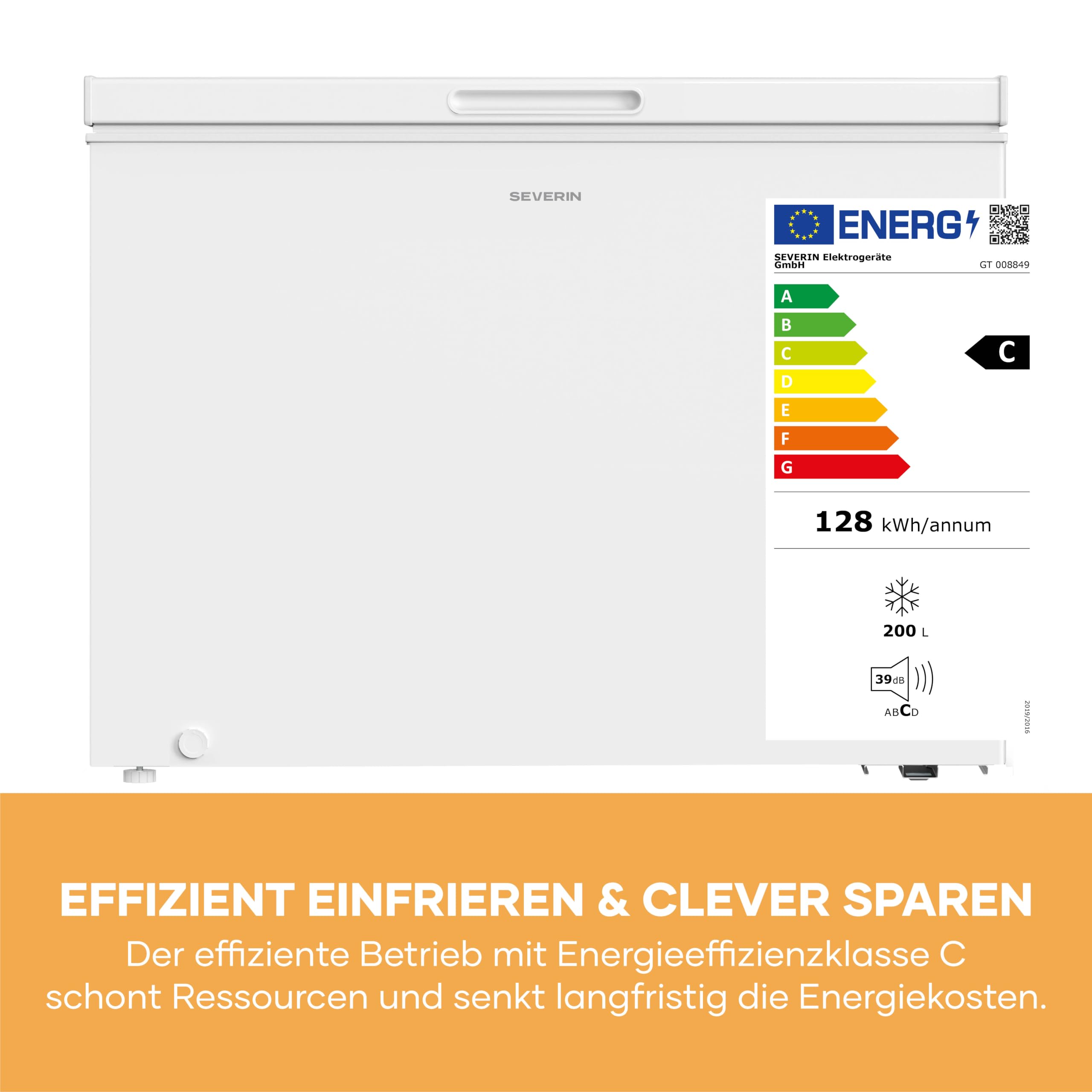 Severin Gefriertruhe, 200L, 4-Sterne-Gefrieren, -24°C, Inverter, 39 dB | Geringe Lautstärke, Freistehend, Energieeffizienzklasse C, Inverter, 32 kg, 98,0 x 54,6 x 82,5 cm, freezer, weiß, 8849