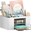 Marbrasse Pen Organizer with 2 Drawer, Multi-Functional Pencil Holder for Desk, Desk Organizers and Accessories with 5 Compartments + Drawer for Office Art Supplies (Beige)