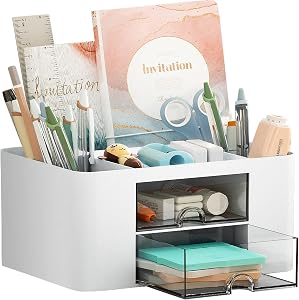 Marbrasse Pen Organizer with 2 Drawer, Multi-Functional Pencil Holder for Desk, Desk Organizers and Accessories with 5 Compartments + Drawer for Office Art Supplies (White)